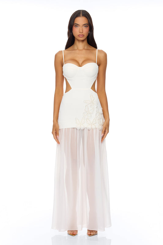 Cherry Blossom Backless Maxi Dress - White