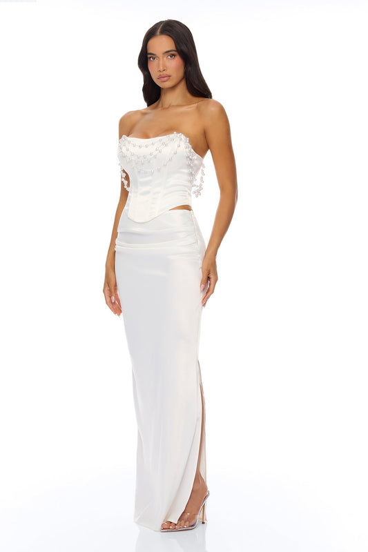 Say I Do Pearl Drape Satin Skirt Set - White