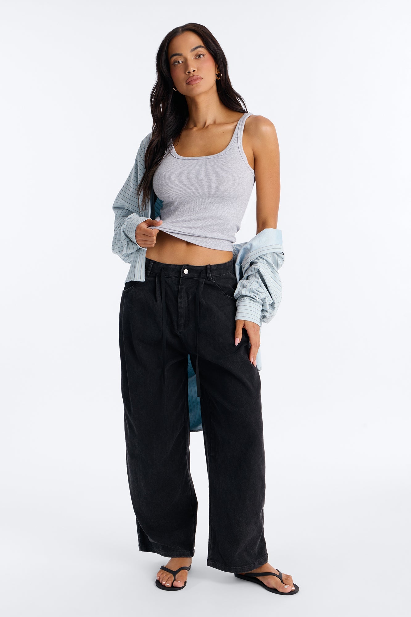 Georgie Washed Twill Barrel Leg Pant 33″ - Black Fashion Nova