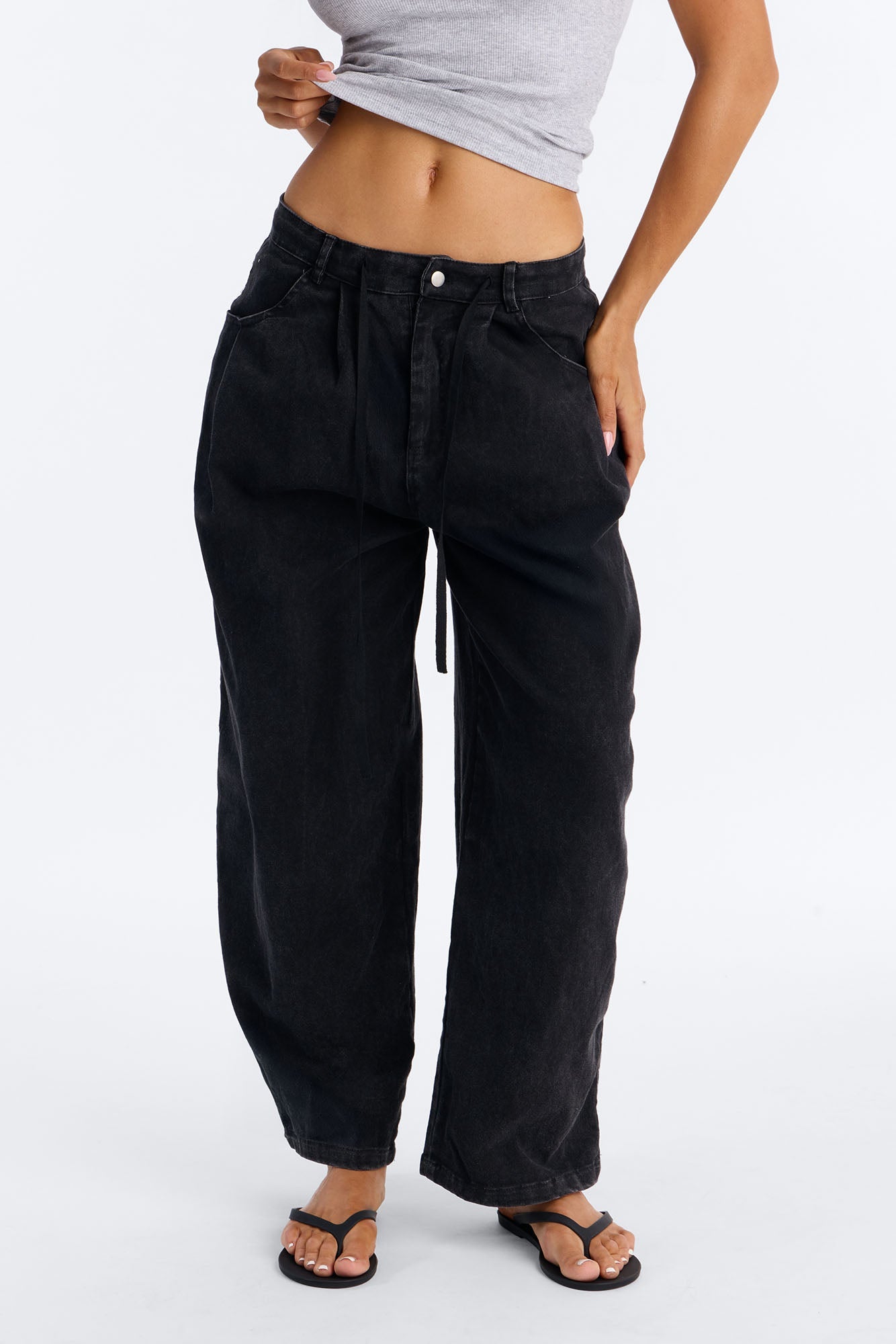 Georgie Washed Twill Barrel Leg Pant 33″ - Black Fashion Nova