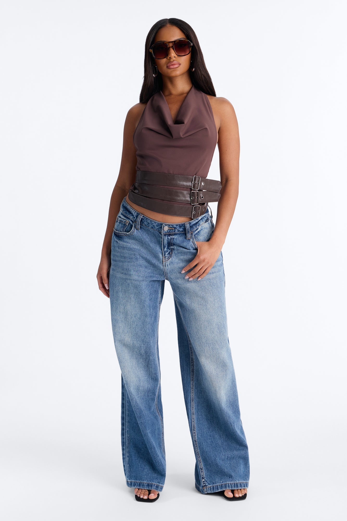 Cleo Cowl Neck Belted Halter Top - Brown