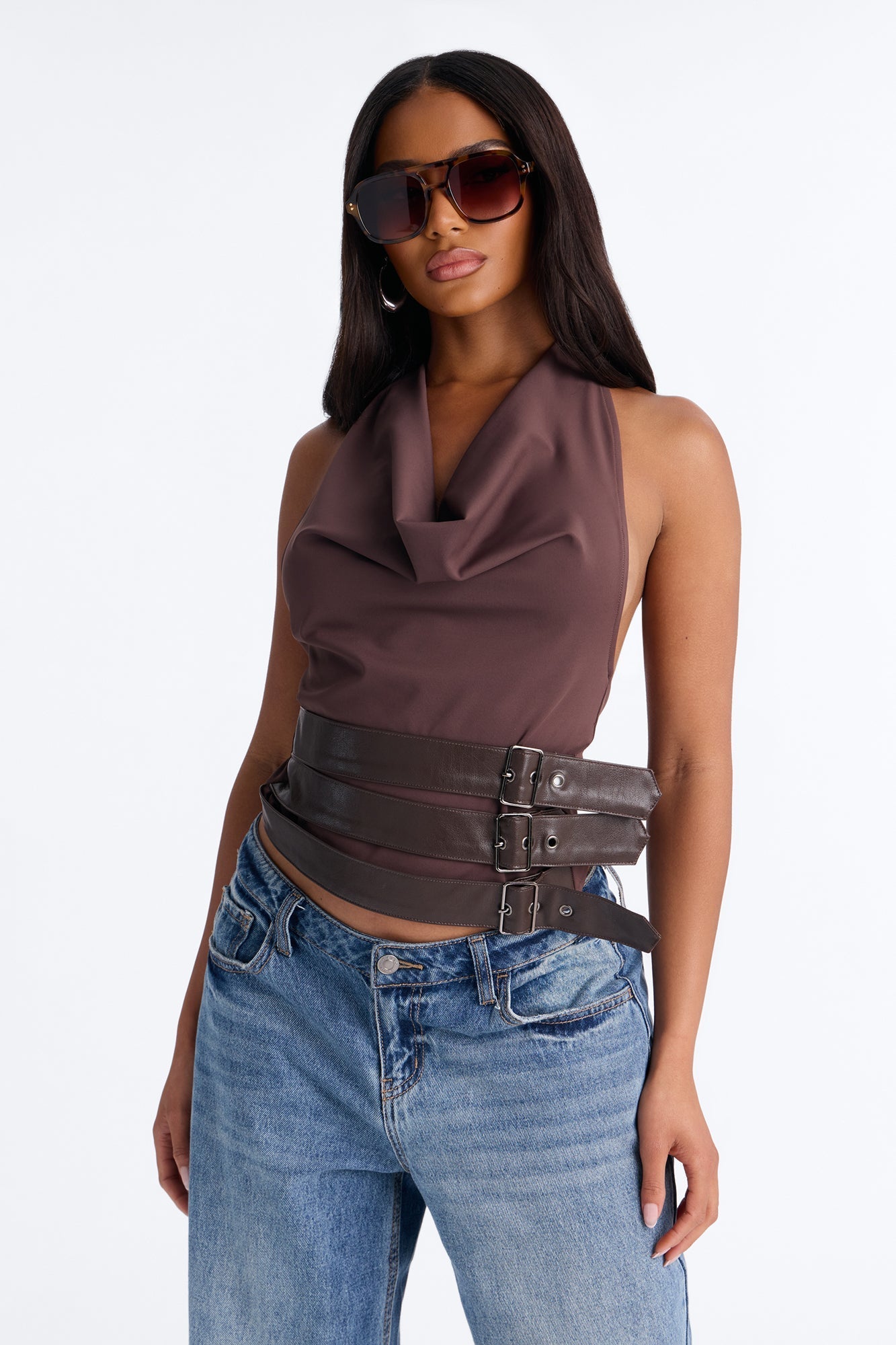 Cleo Cowl Neck Belted Halter Top - Brown