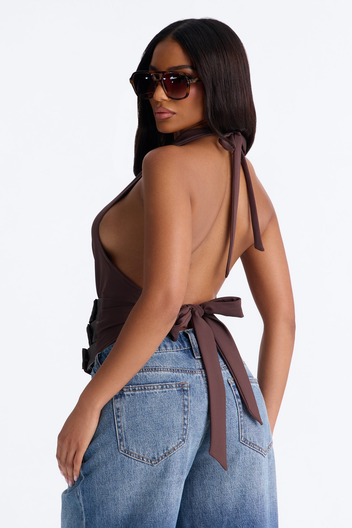 Cleo Cowl Neck Belted Halter Top - Brown