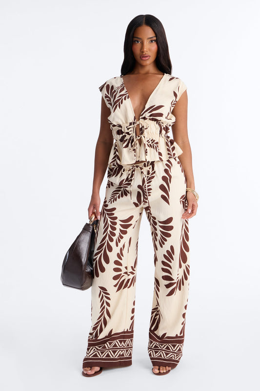 Soriana Linen Floral Pant Set - Brown Combo Fashion Nova