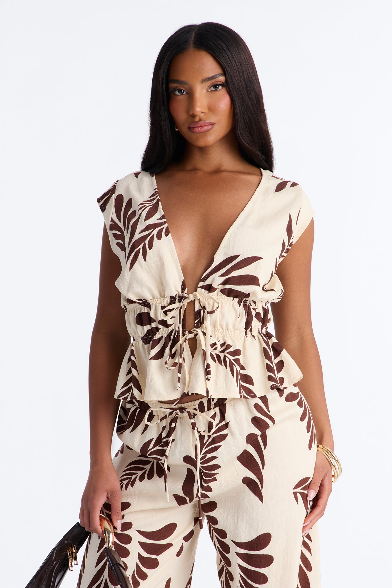 Soriana Linen Floral Pant Set - Brown Combo Fashion Nova