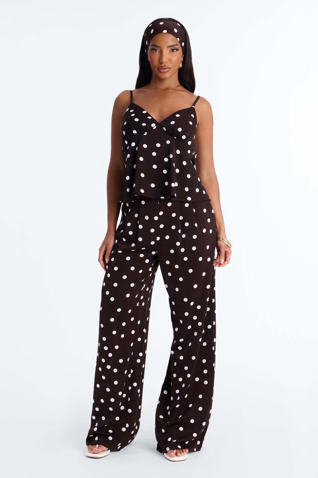 Monique Satin Polka Dot 3 Piece Pant Set - Brown Combo Fashion Nova