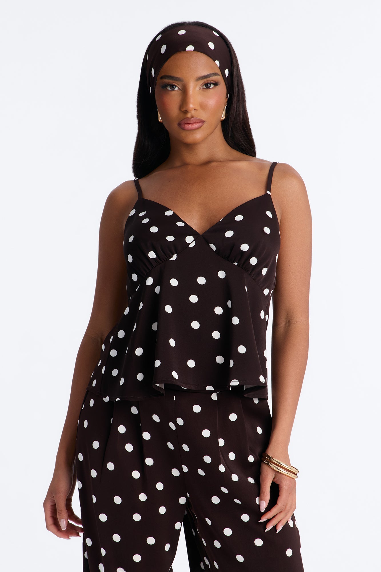 Monique Satin Polka Dot 3 Piece Pant Set - Brown Combo Fashion Nova