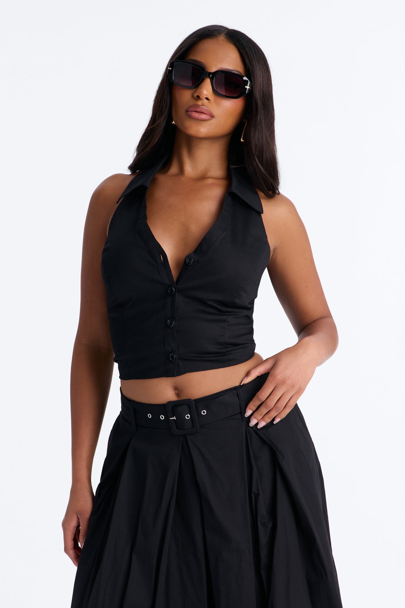 Lana Poplin Halter Maxi Skirt Set - Black Fashion Nova