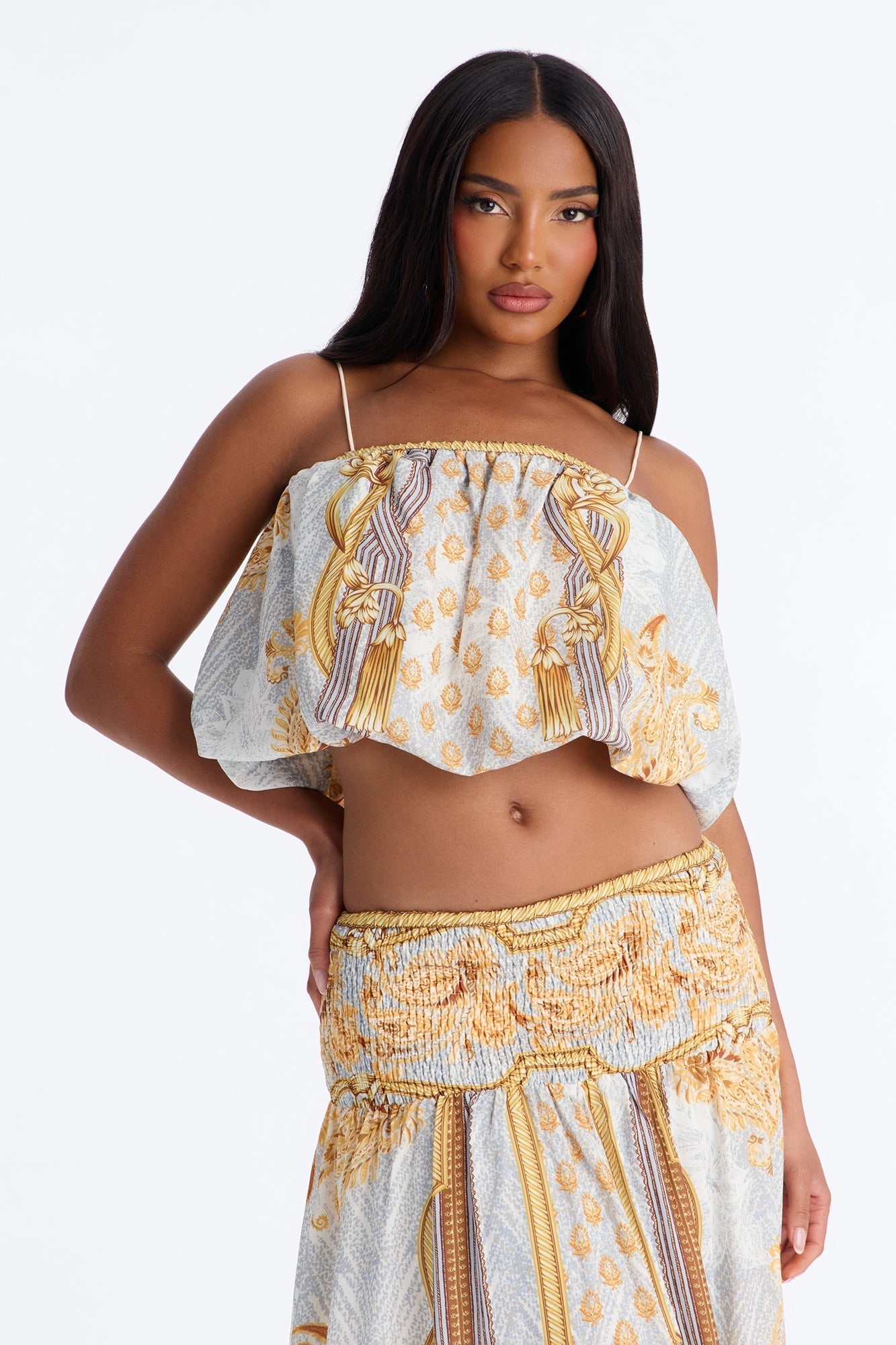 Better Days Bubble Cami Maxi Skirt Set - Gold/combo NEWFASHIONEDGE