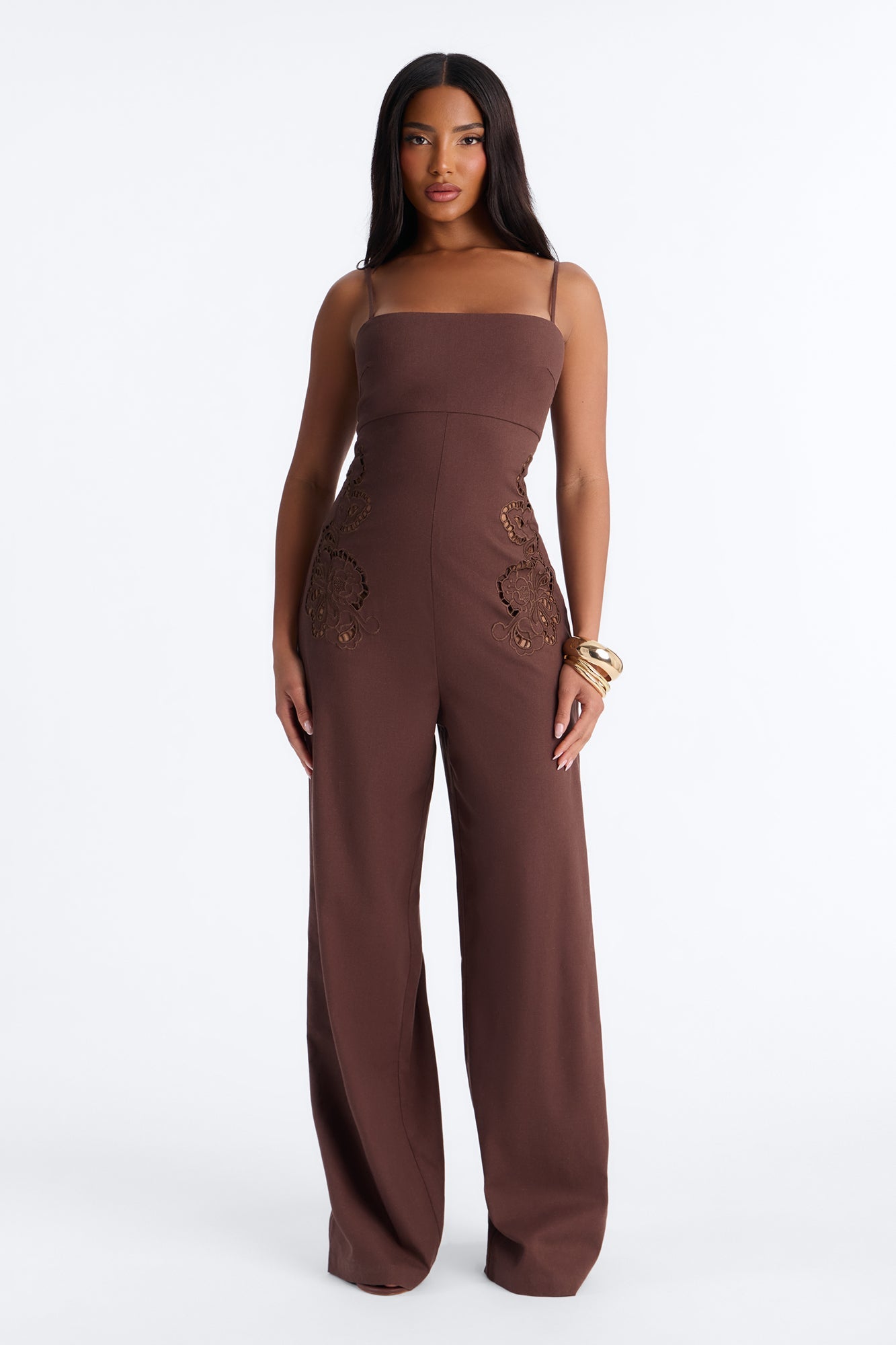 Liliana Embroidered Linen Jumpsuit - Chocolate Fashion Nova