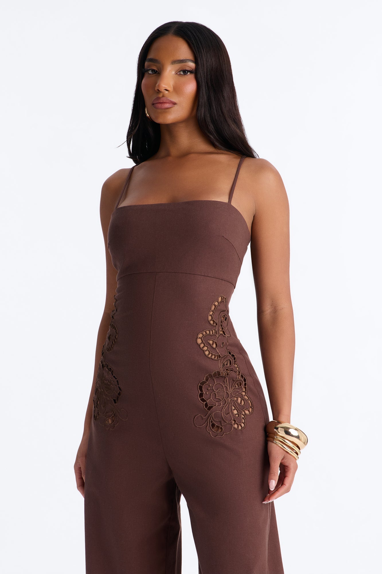 Liliana Embroidered Linen Jumpsuit - Chocolate Fashion Nova