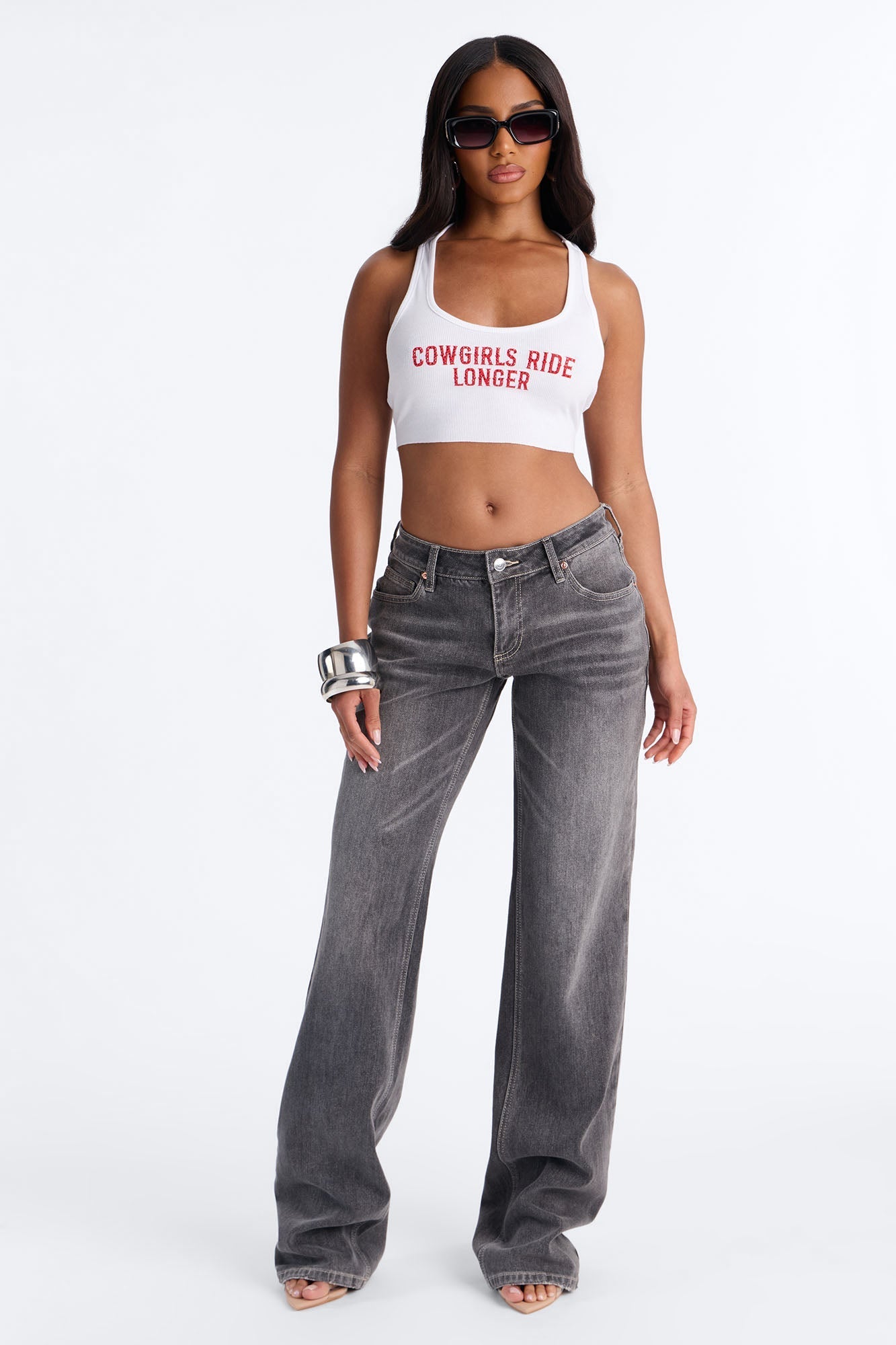 Cowgirls Ride Longer Cropped Tank - White/combo NEWFASHIONEDGE