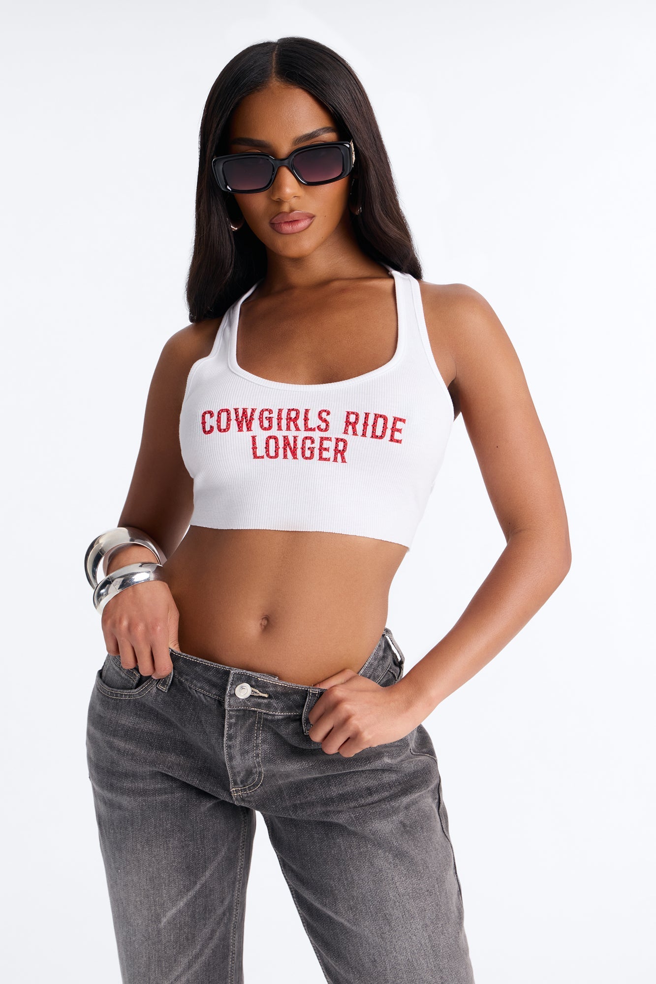 Cowgirls Ride Longer Cropped Tank - White/combo NEWFASHIONEDGE