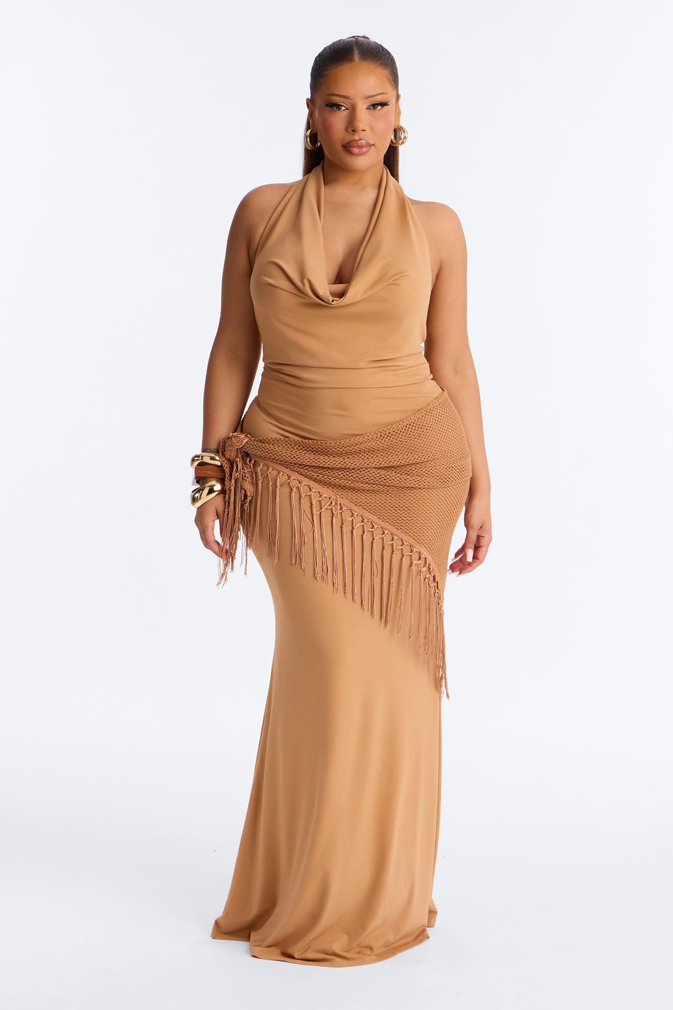 Santorini 2 Piece Fringe Scarf Maxi Dress - Camel NEWFASHIONEDGE