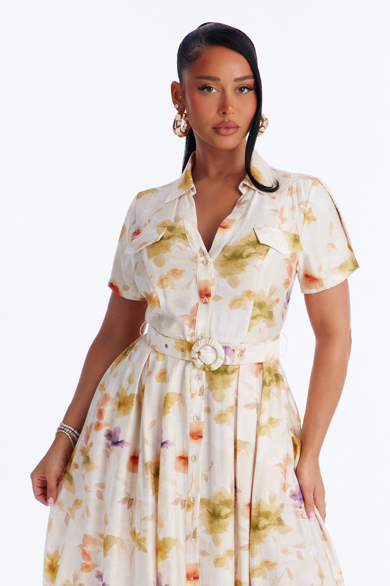 April Belted Floral Midi Dress - White/combo NEWFASHIONEDGE
