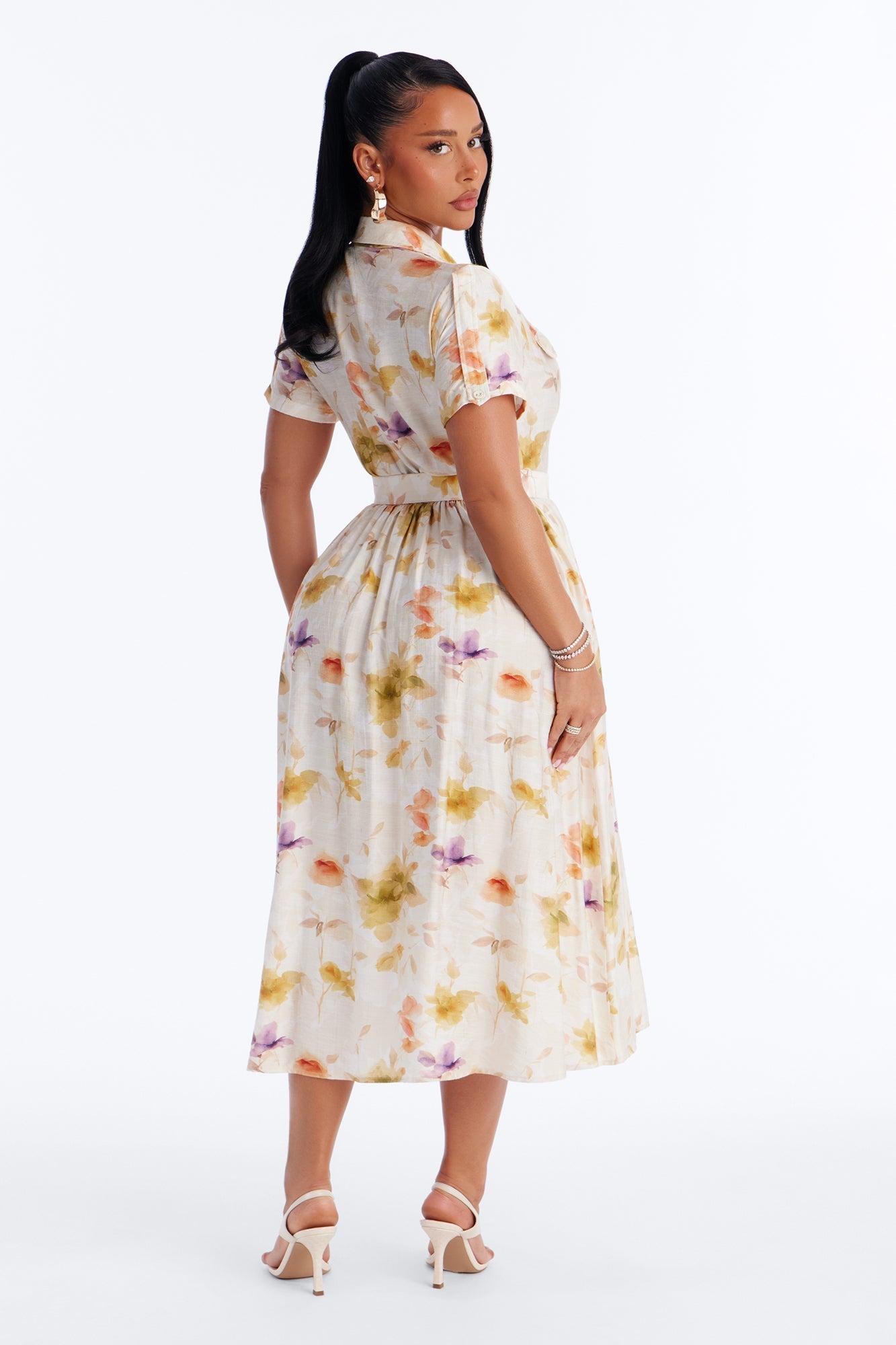 April Belted Floral Midi Dress - White/combo NEWFASHIONEDGE