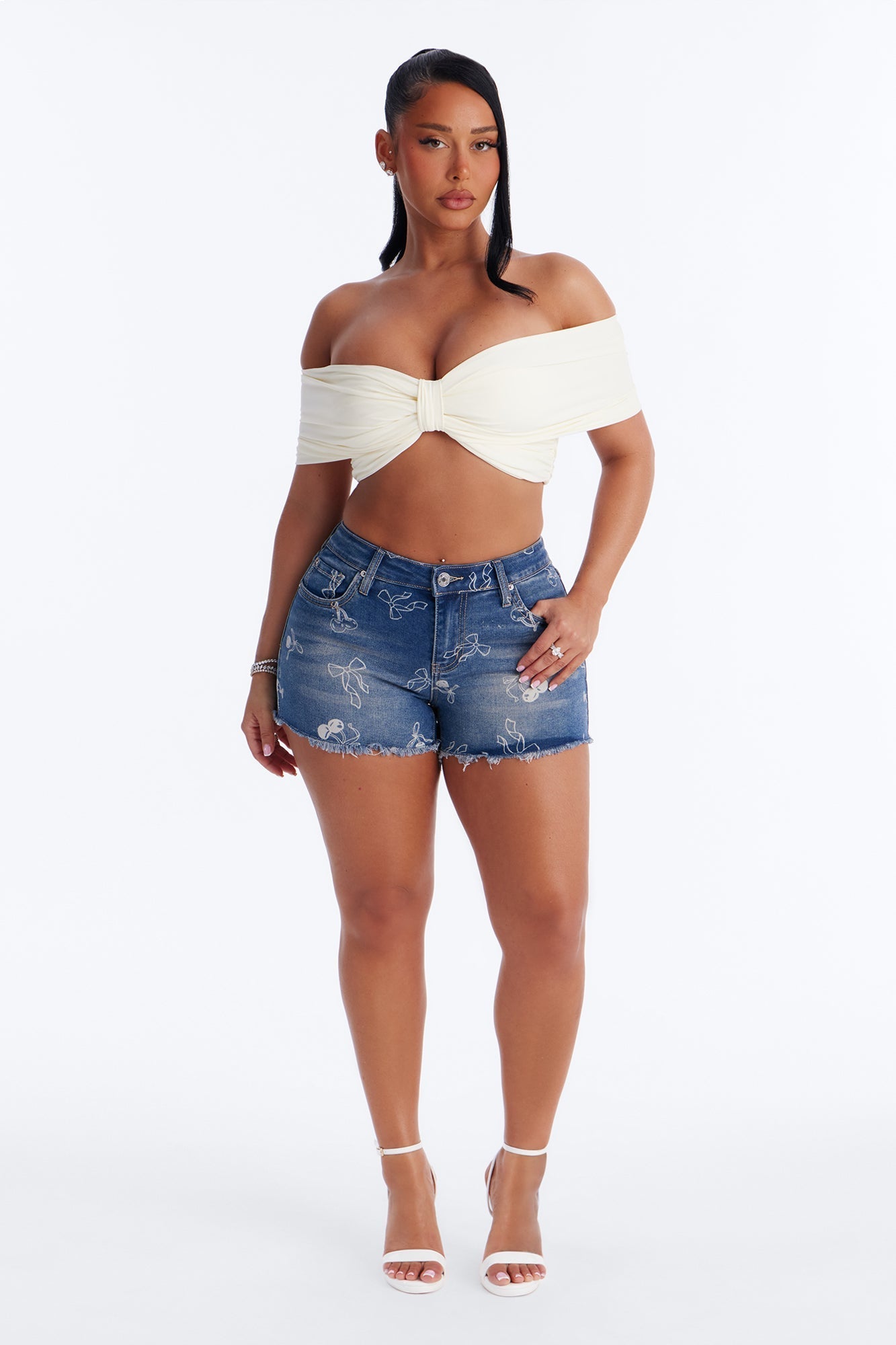 Mon Cheri Printed Denim Shorts - Vintage Wash NEWFASHIONEDGE