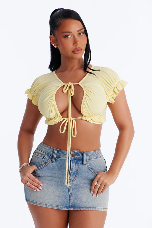 Madison Ruched Tie Short Sleeve Crop Top - Butter Yellow
