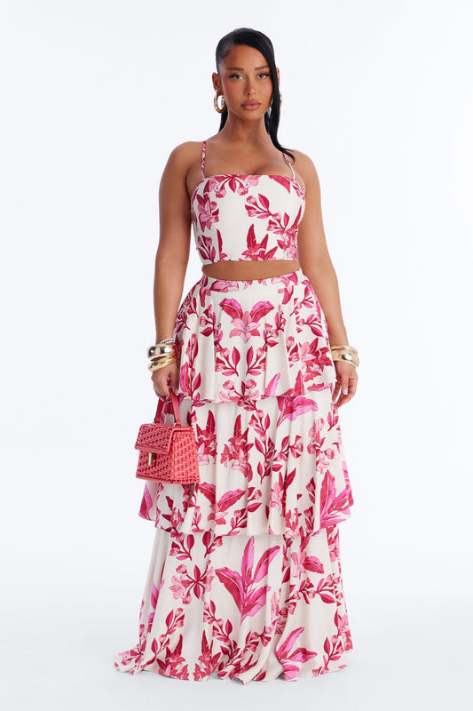 Bellarosa Linen Floral Layered Maxi Skirt Set - Fuchsia