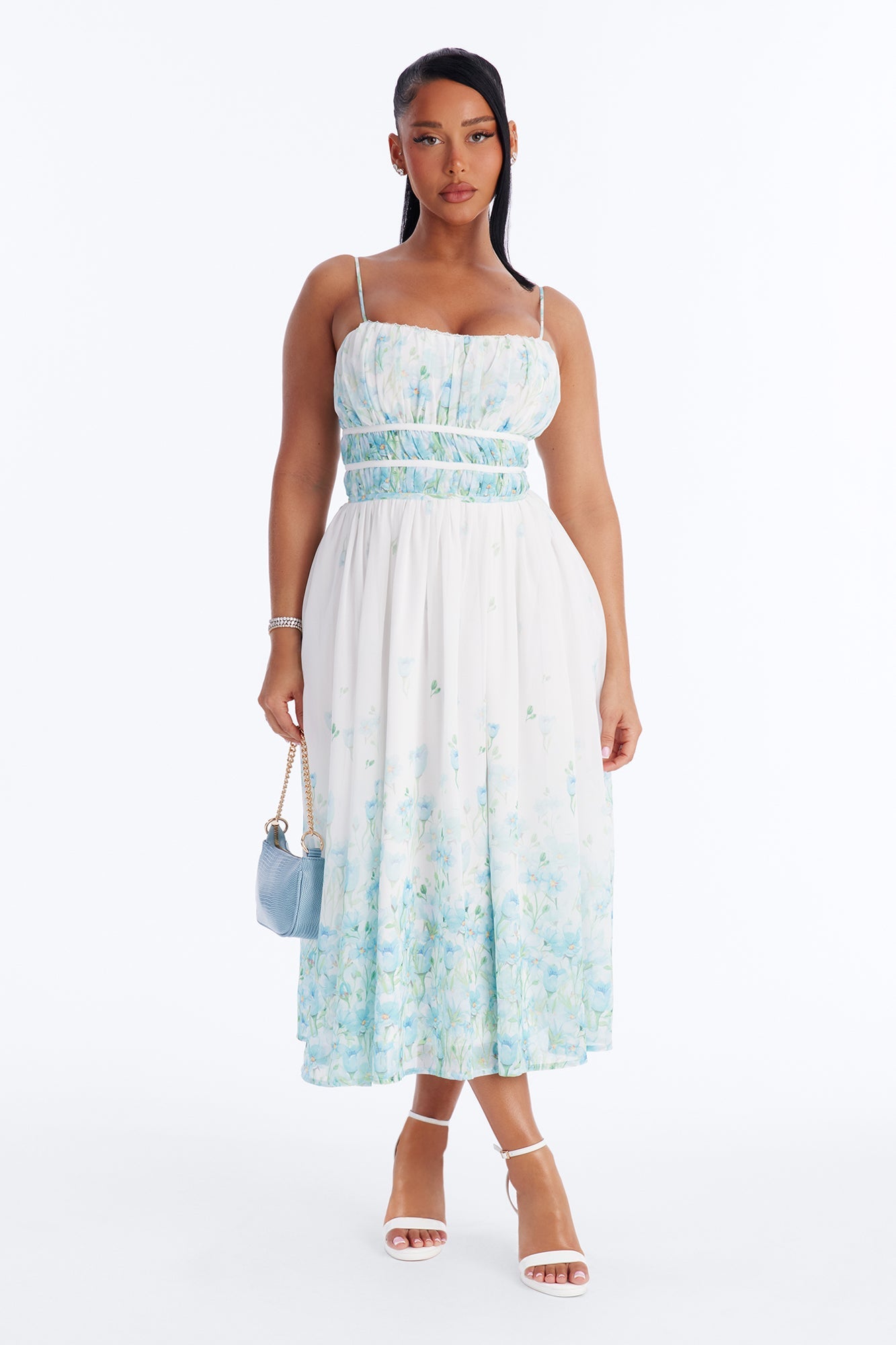 Xandra Floral Chiffon Midi Dress - Blue/combo Fashion Nova