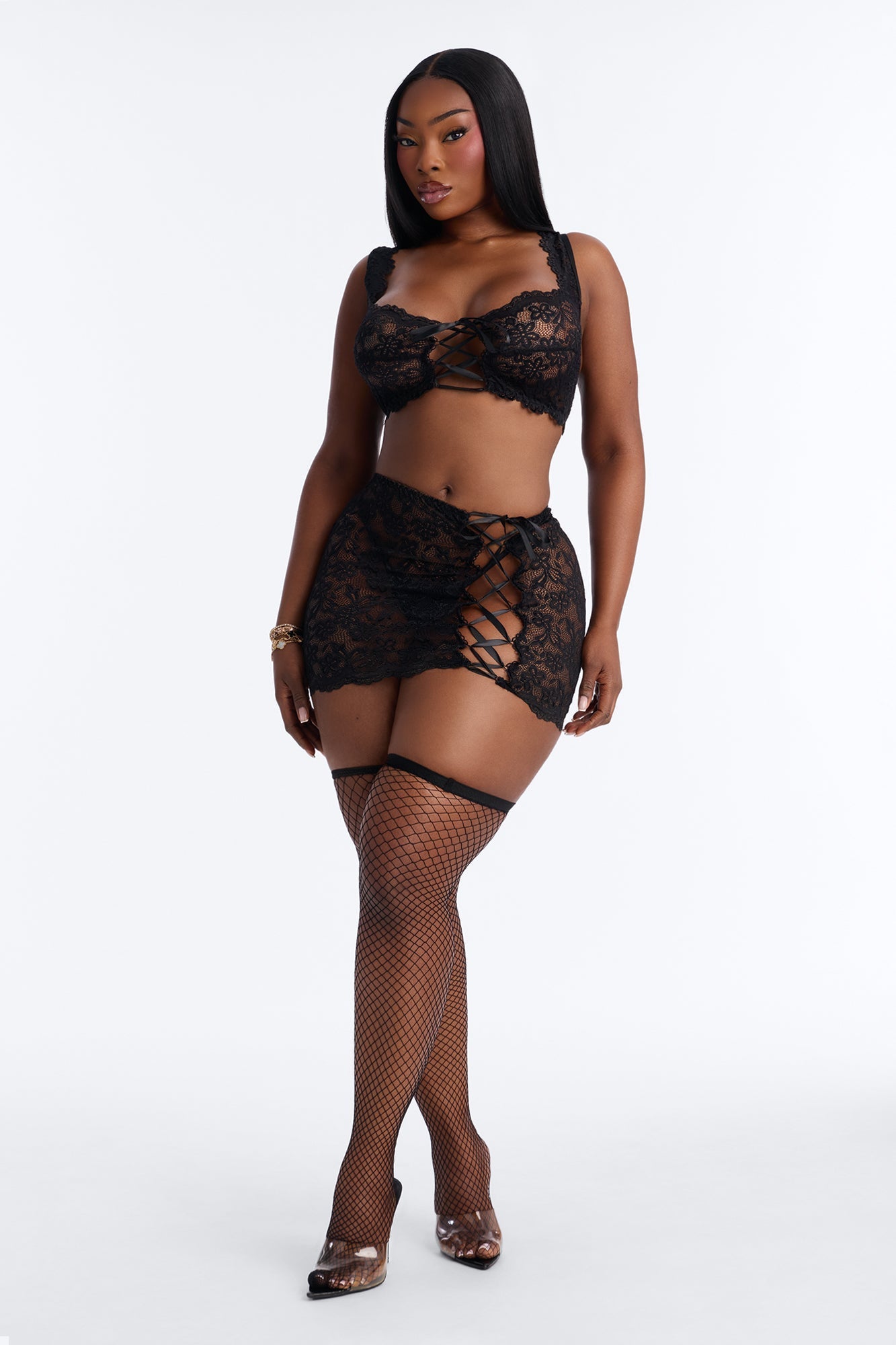 Jane Lace 3 Piece Bra And Panty Skirt Set - Black NEWFASHIONEDGE