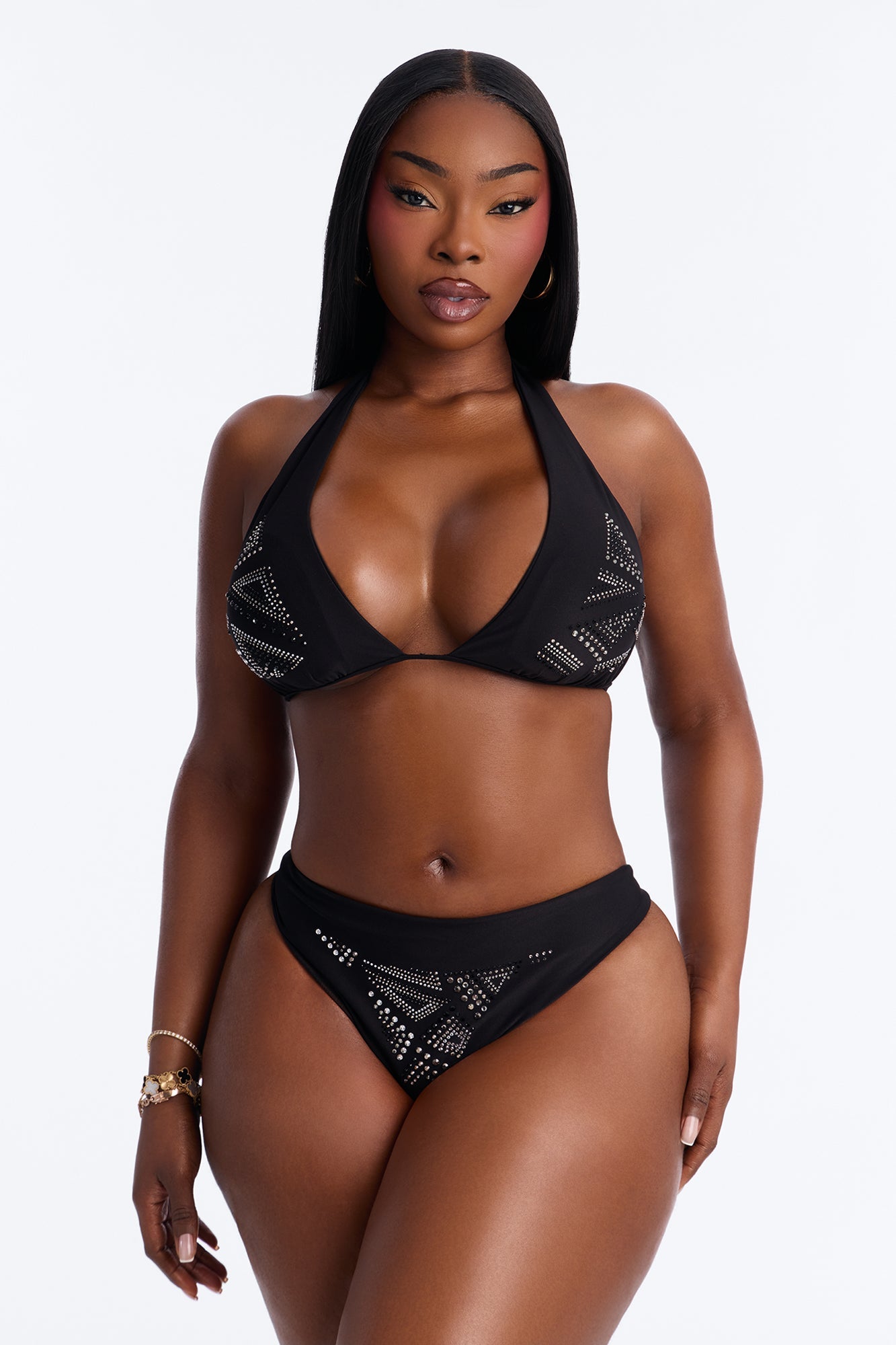 Sadie Rhinestones Fixed Triangle 2 Piece Bikini - Black NEWFASHIONEDGE