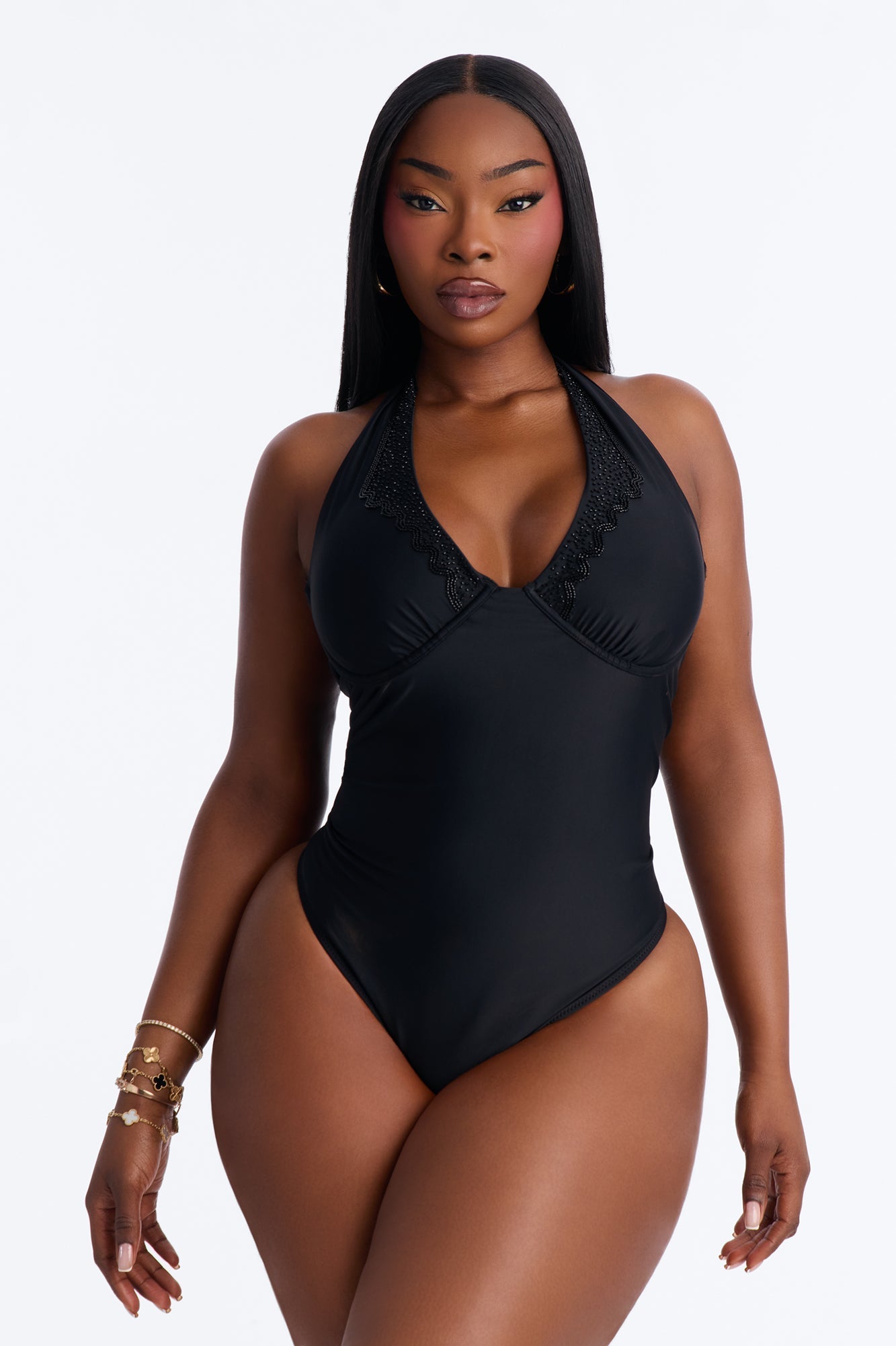 Alana Underwire Rhinestone 1 Piece Swimsuit - Black NEWFASHIONEDGE