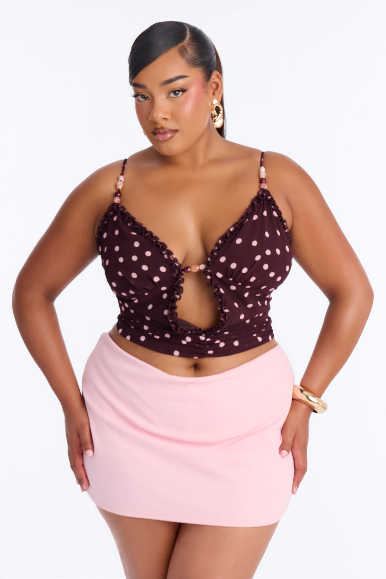 Touch Of Summer Polka Dot Chiffon Top - Brown/combo