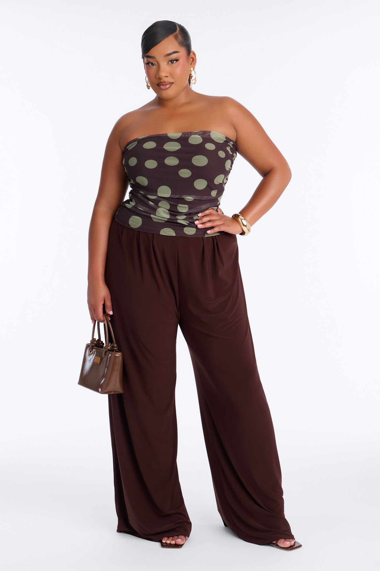 Kami Ruched Mesh Polka Dot Tube Top - Brown/combo