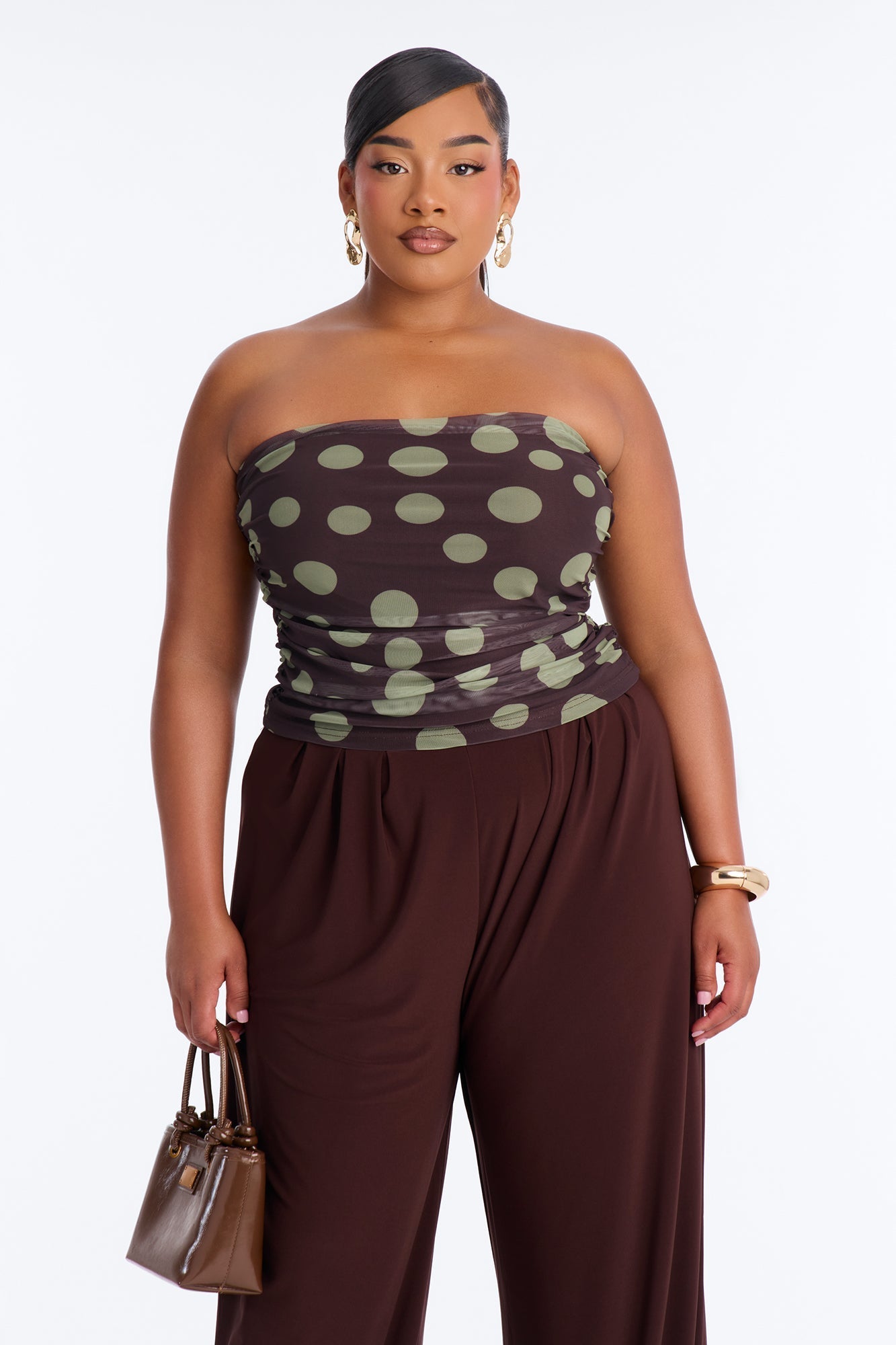 Kami Ruched Mesh Polka Dot Tube Top - Brown/combo