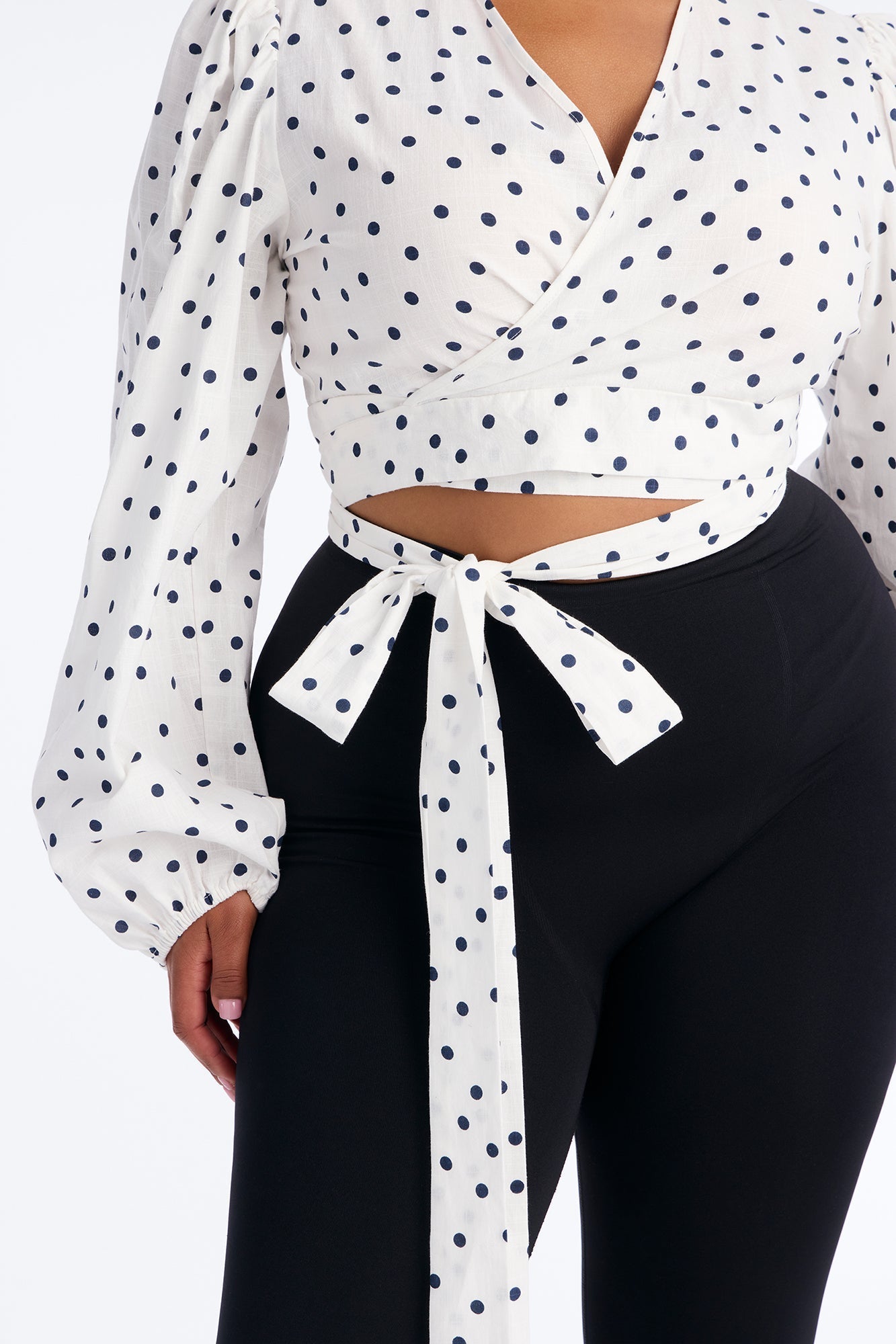 Scene Stealer Polka Dot Tie Waist Linen Top - White/combo NEWFASHIONEDGE
