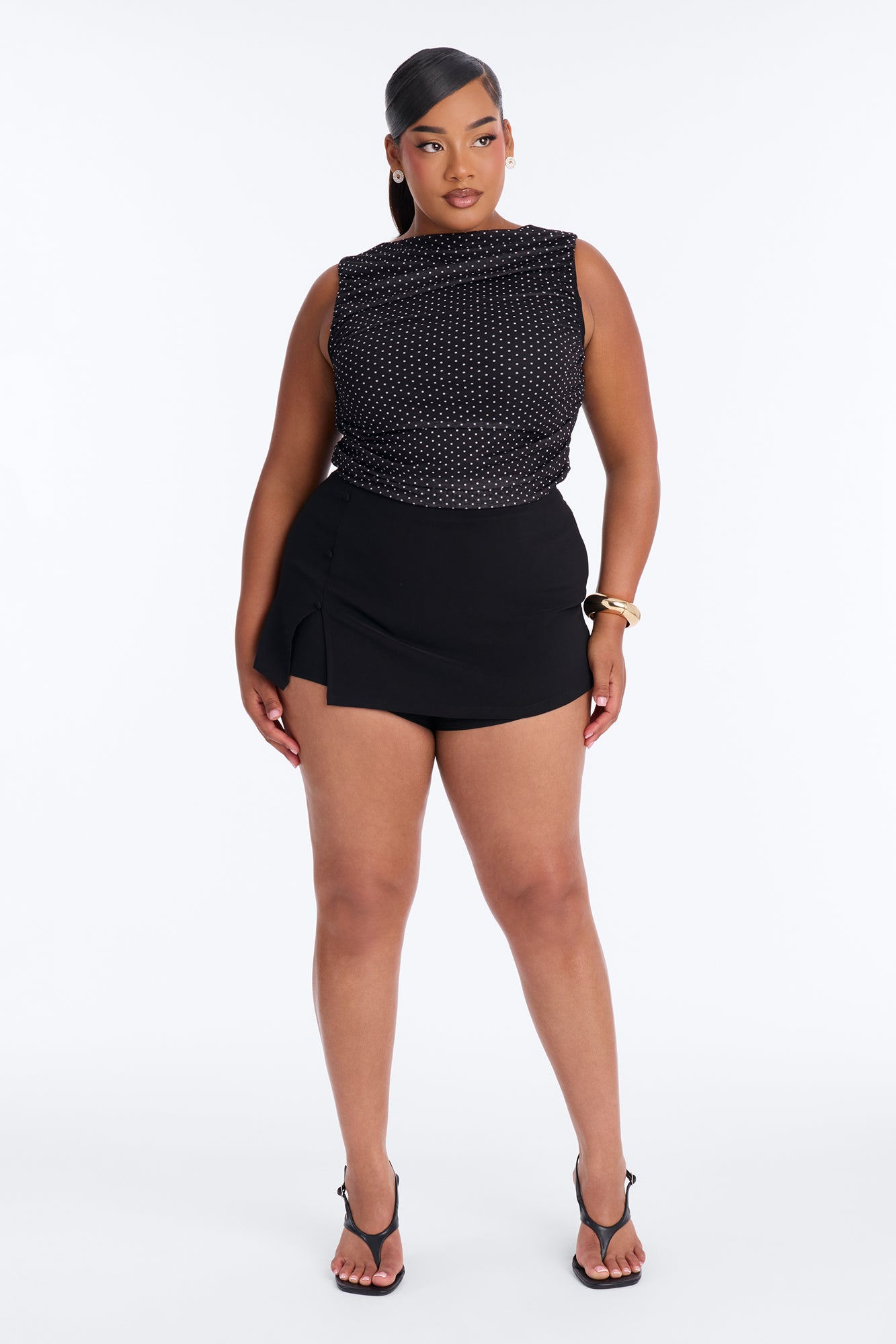 Maggie Polka Dot Mesh Ruched Sleeveless Bodysuit - Black/combo