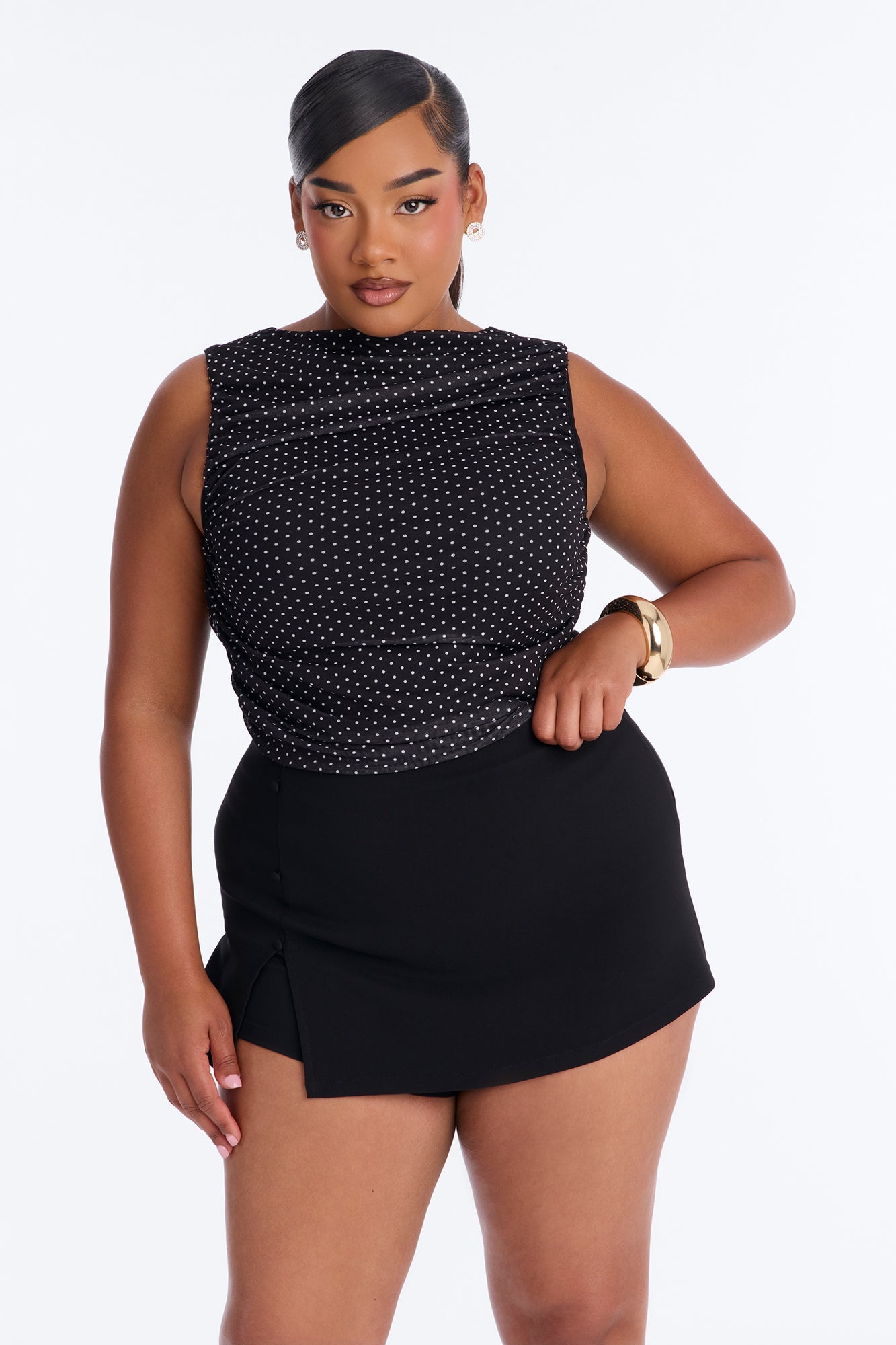 Maggie Polka Dot Mesh Ruched Sleeveless Bodysuit - Black/combo