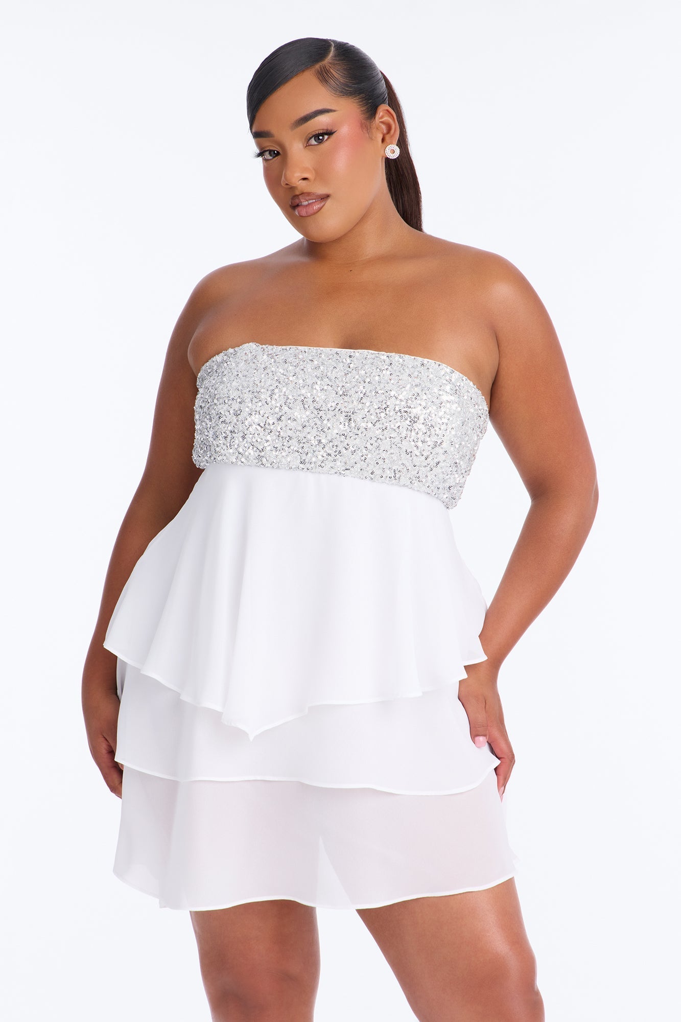 Timeless Sequin Trim Chiffon Mini Dress - White