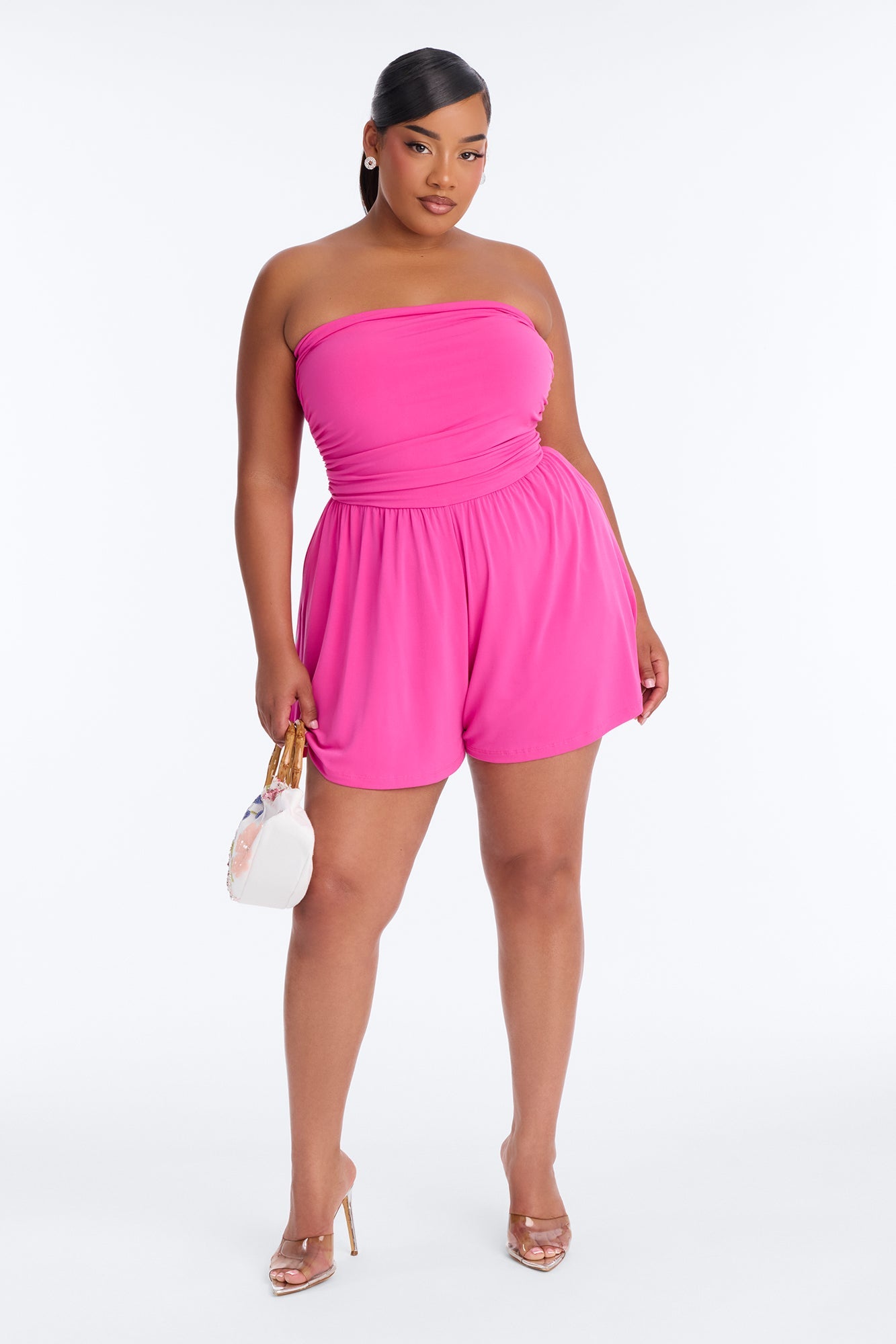 Krisha Strapless Flowy Romper - Pink Fashion Nova