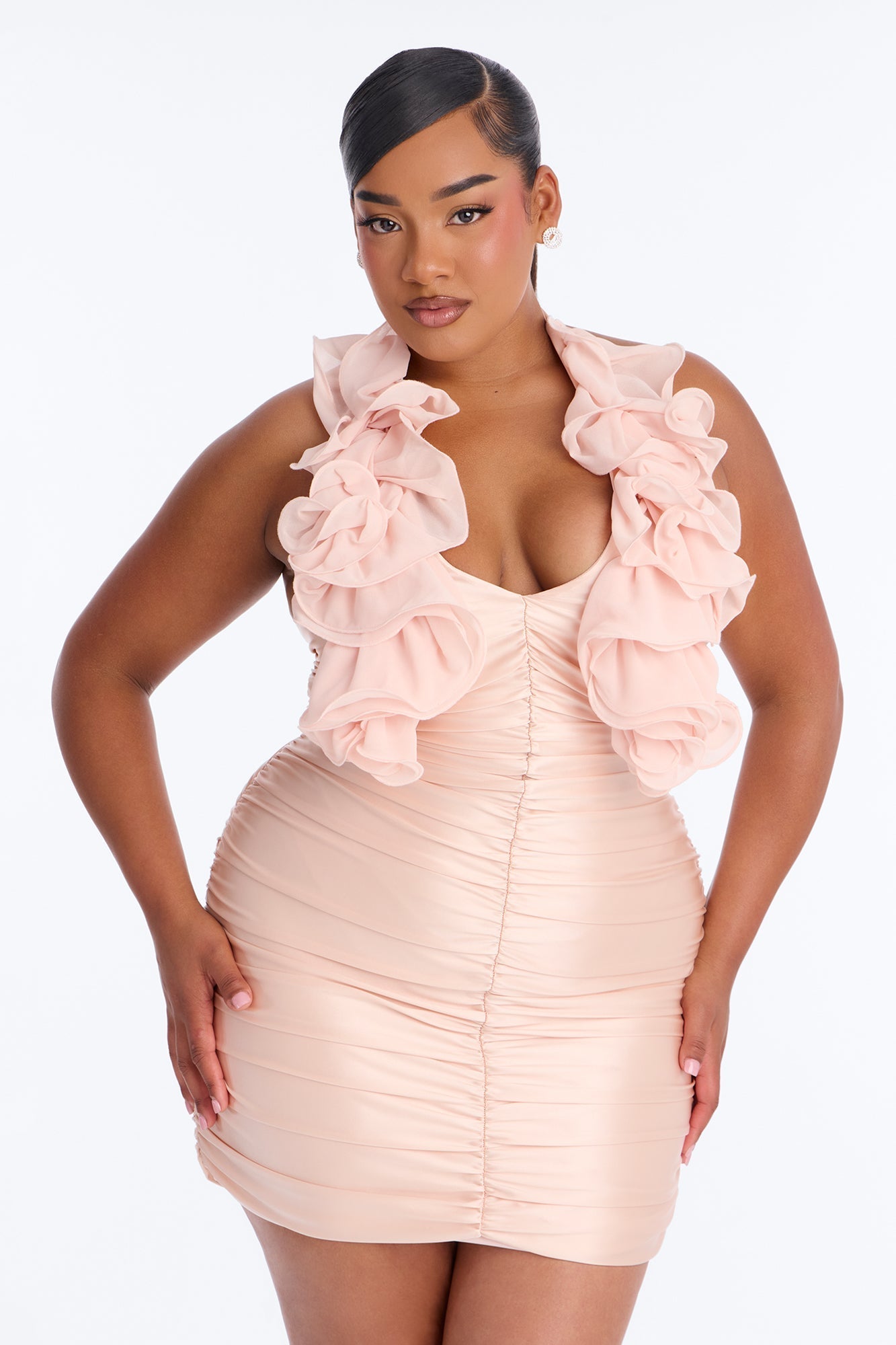 Jasmine Ruffle Ruched Mini Dress - Blush NEWFASHIONEDGE