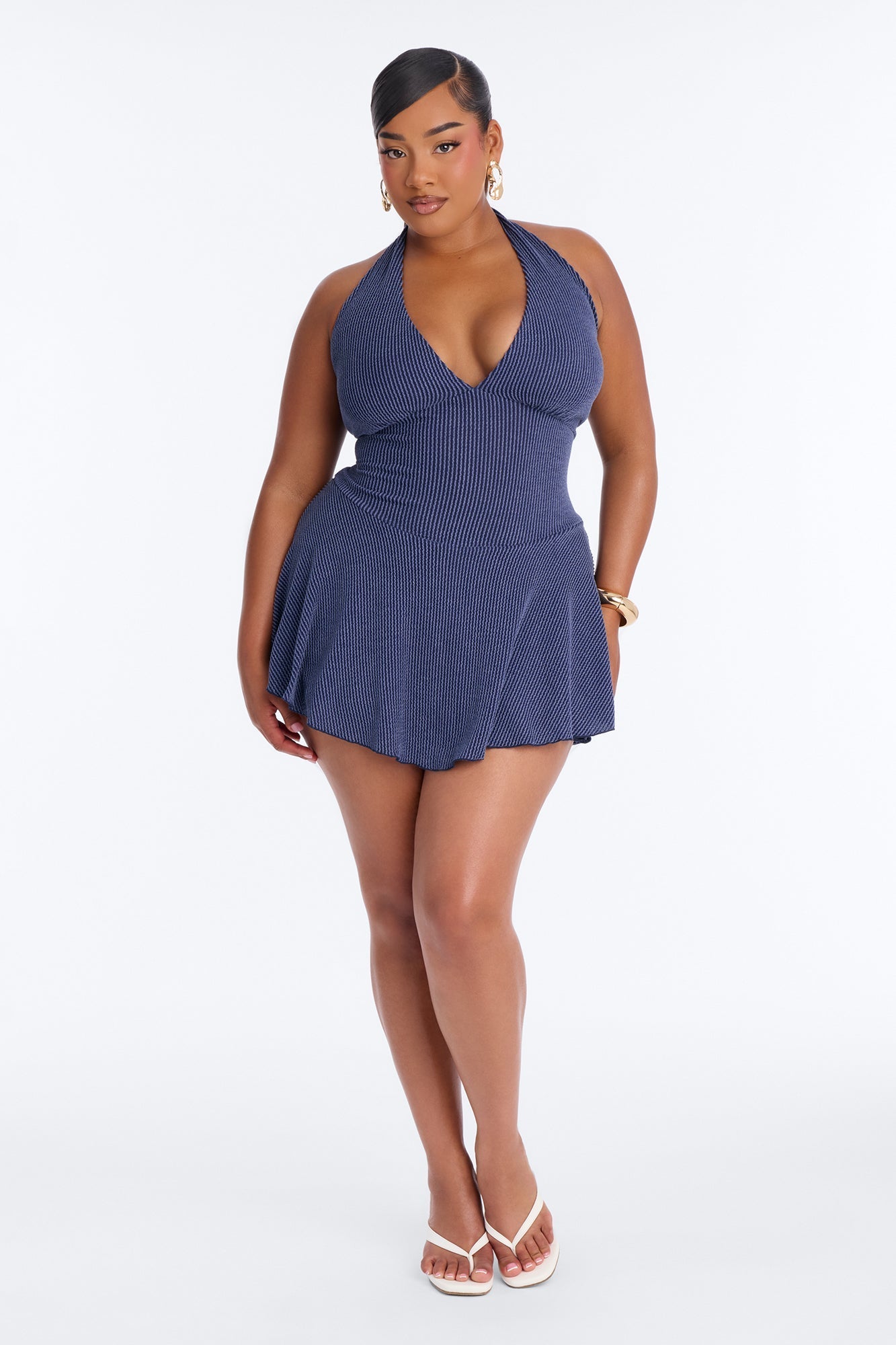 Kamryn Halter Ribbed Mini Dress - Denim NEWFASHIONEDGE