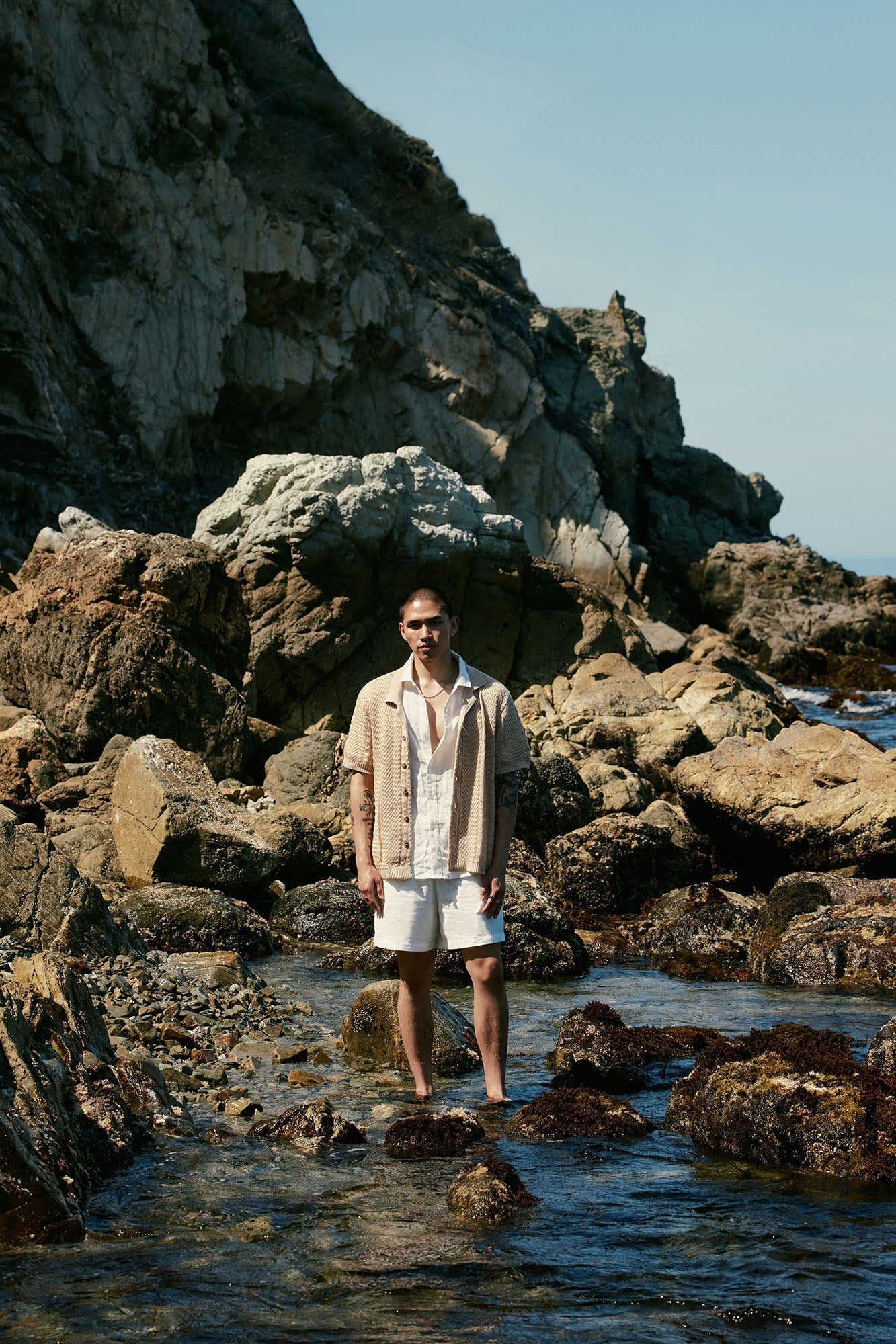 Unwind Cable Knit Short Sleeve Button Up - Oatmeal