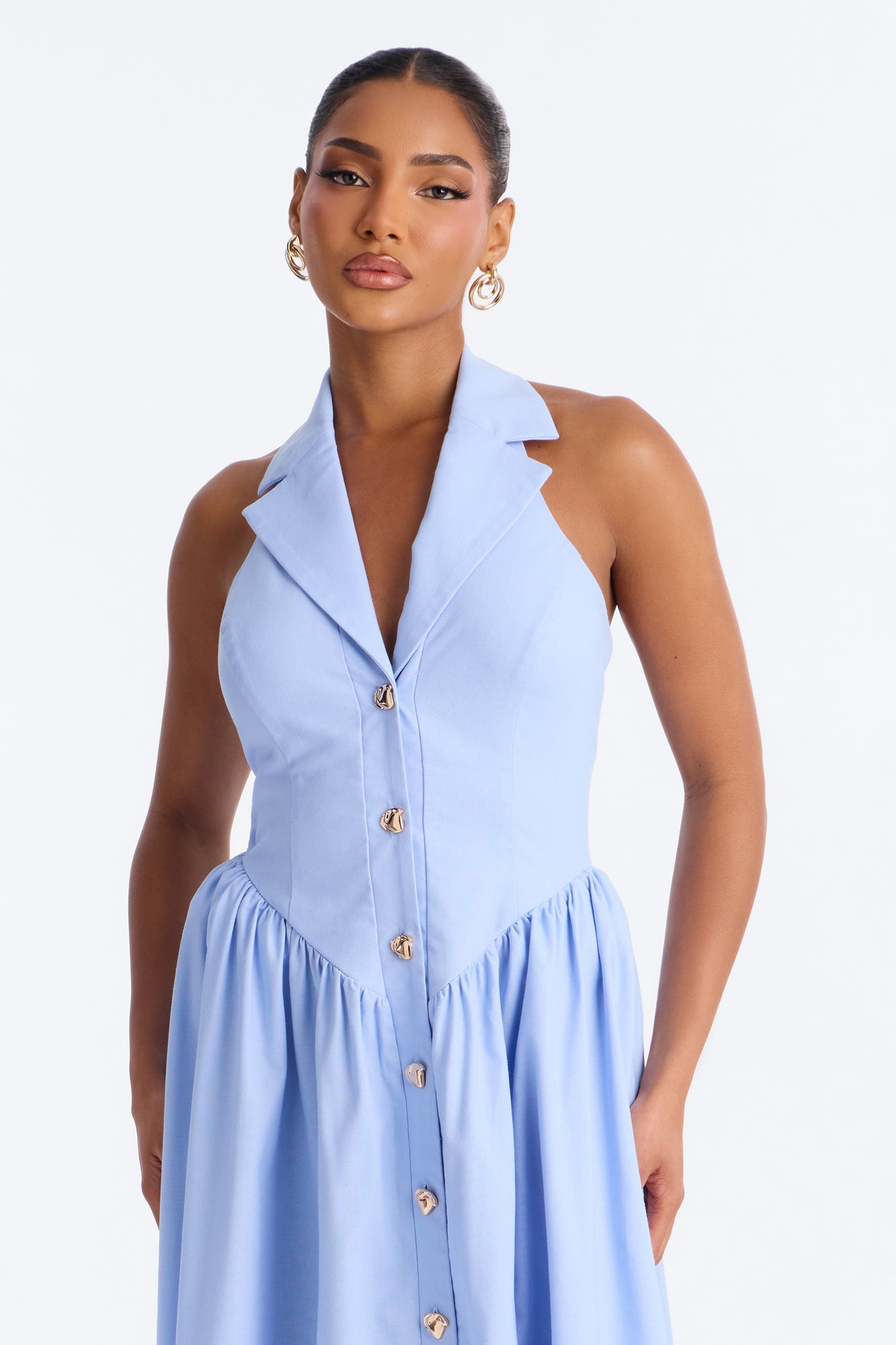 Giselle Collar Halter Midi Dress - Blue Fashion Nova