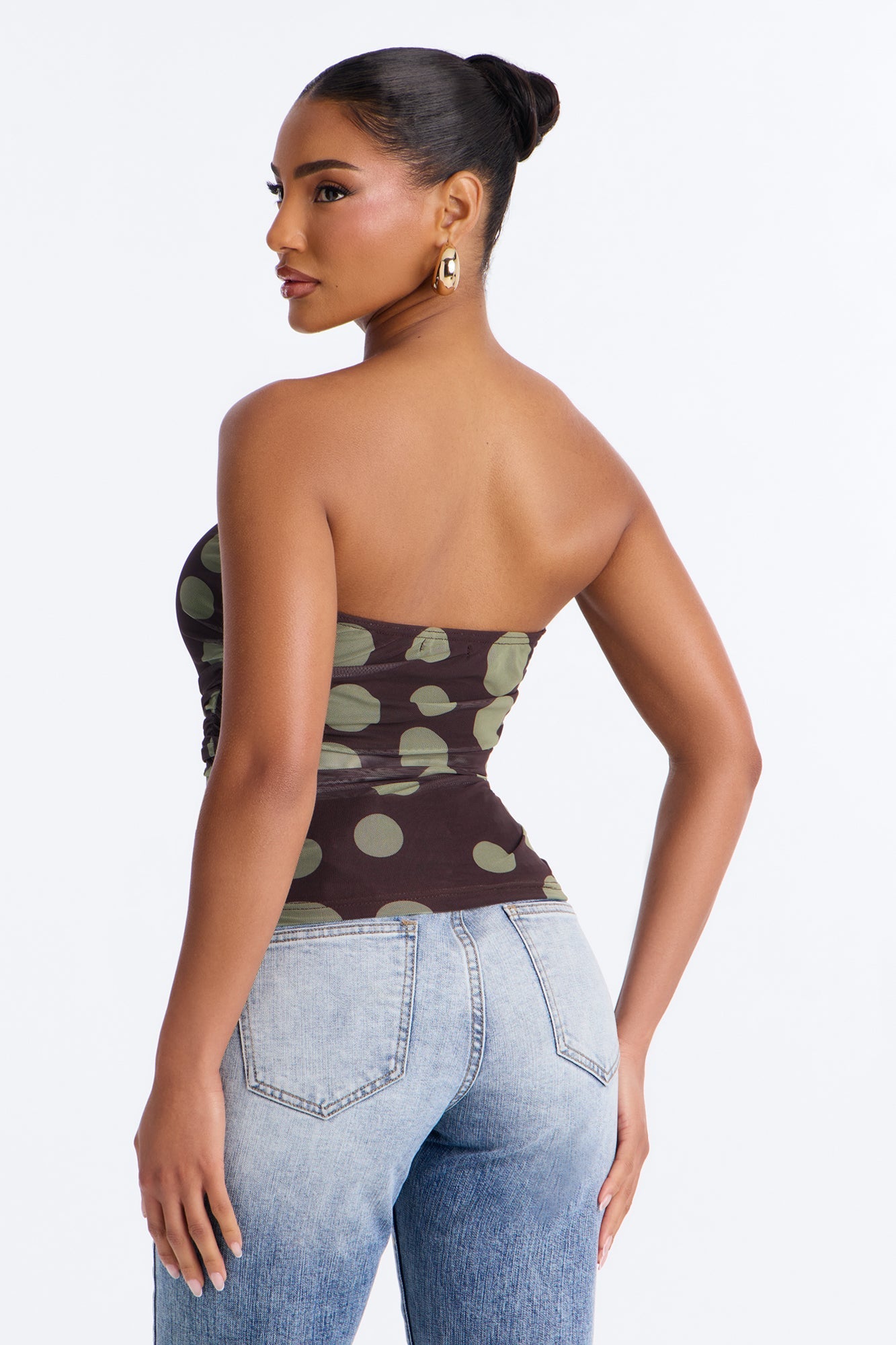 Kami Ruched Mesh Polka Dot Tube Top - Brown/combo