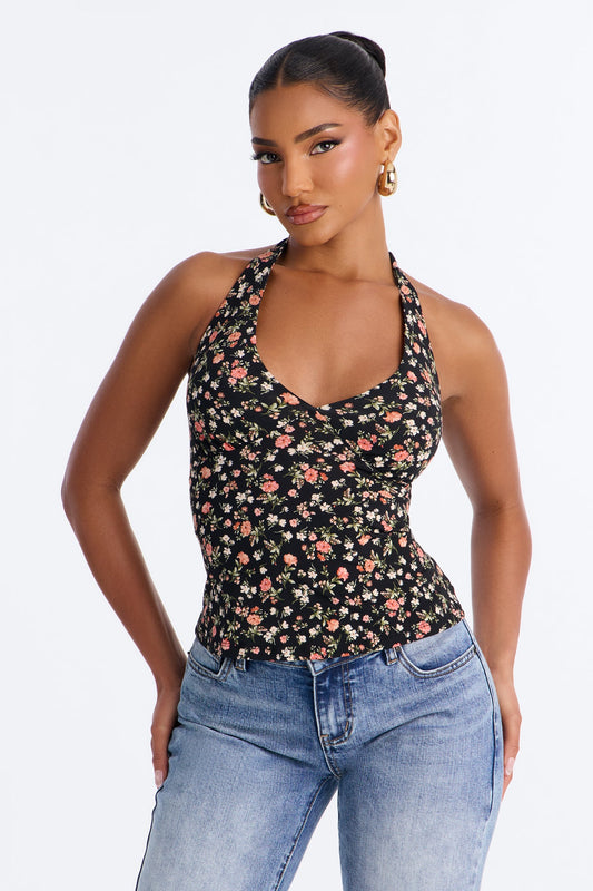 Rosie Double Lined Floral Halter Neck Top - Black