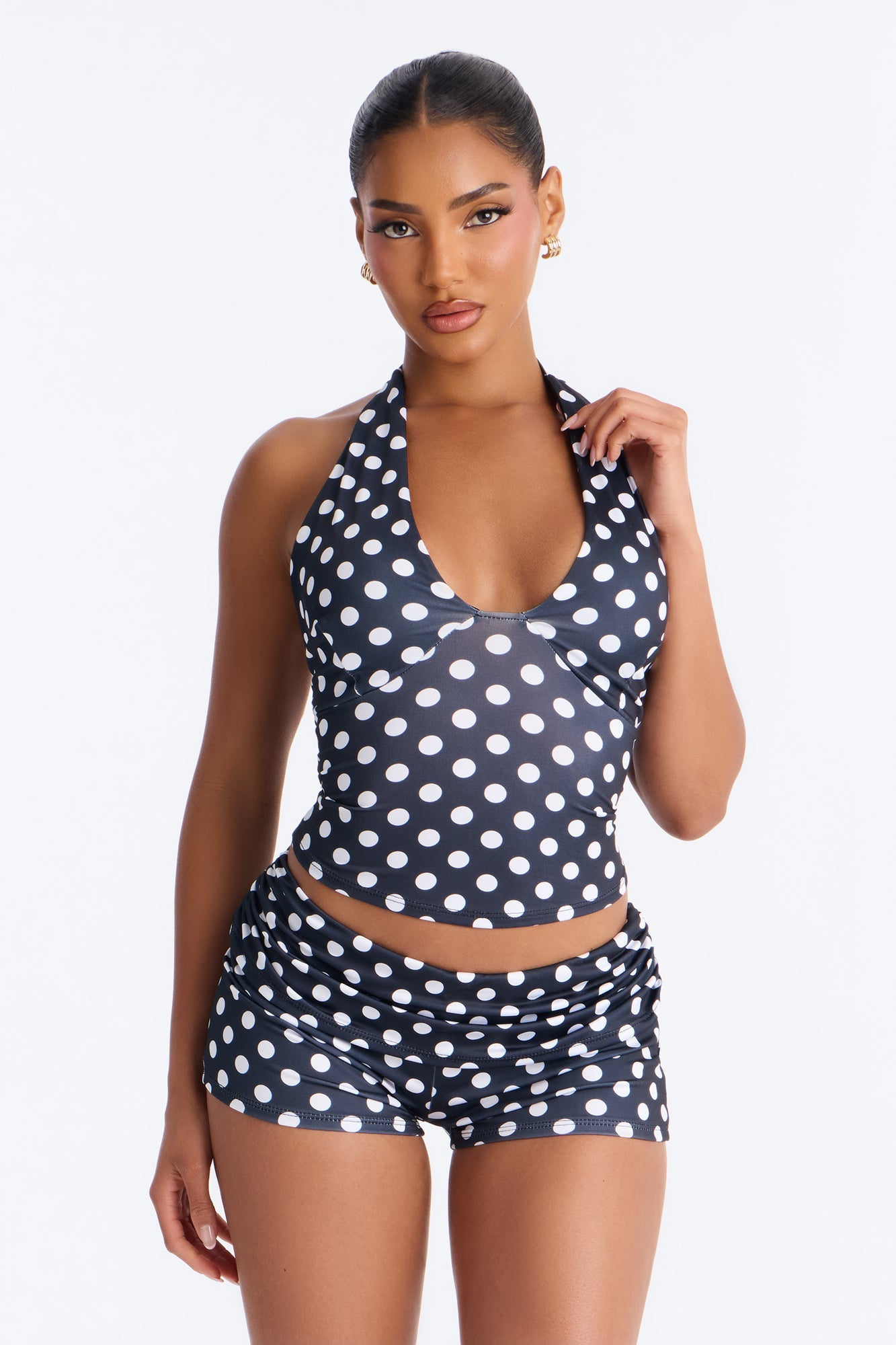 Ella Polka Dot Halter Fold Over Short Set - Black/White Fashion Nova