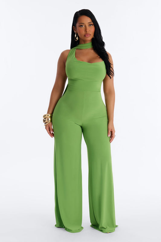 Maliyah Draped Scarf Wide Leg Jumpsuit - Green NEWFASHIONEDGE