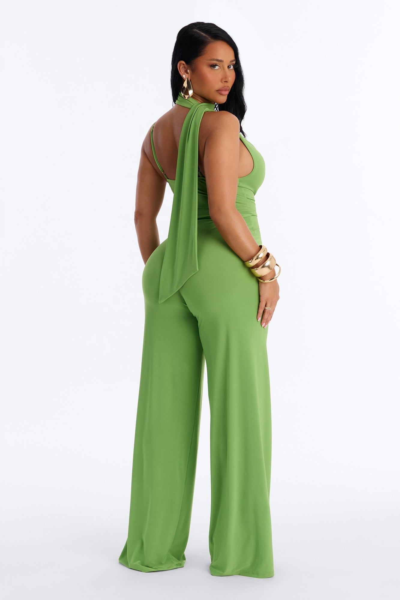 Maliyah Draped Scarf Wide Leg Jumpsuit - Green NEWFASHIONEDGE