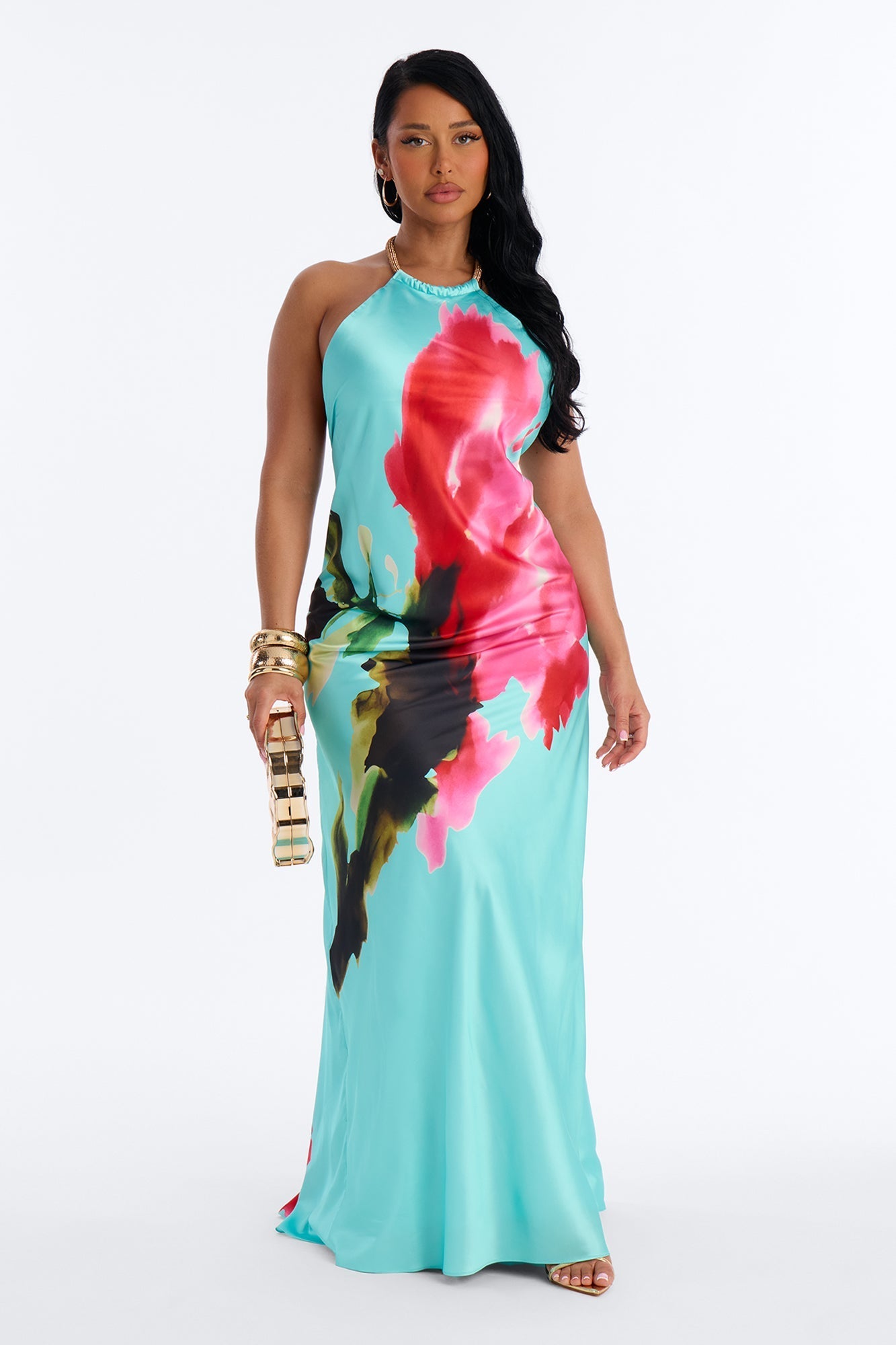 Cordelia Sleeveless Satin Maxi Dress - Turquoise/combo NEWFASHIONEDGE
