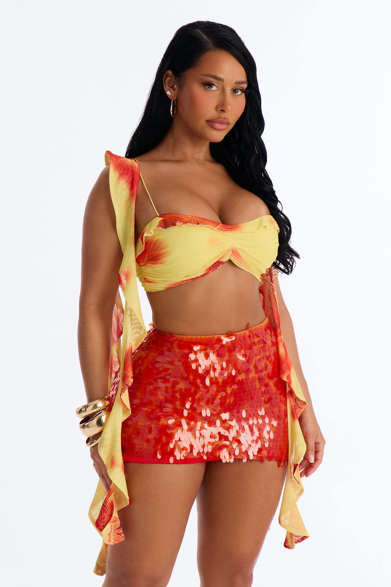 Perfect Paradise Mesh Drape Ruffle Bra Top - Orange/combo