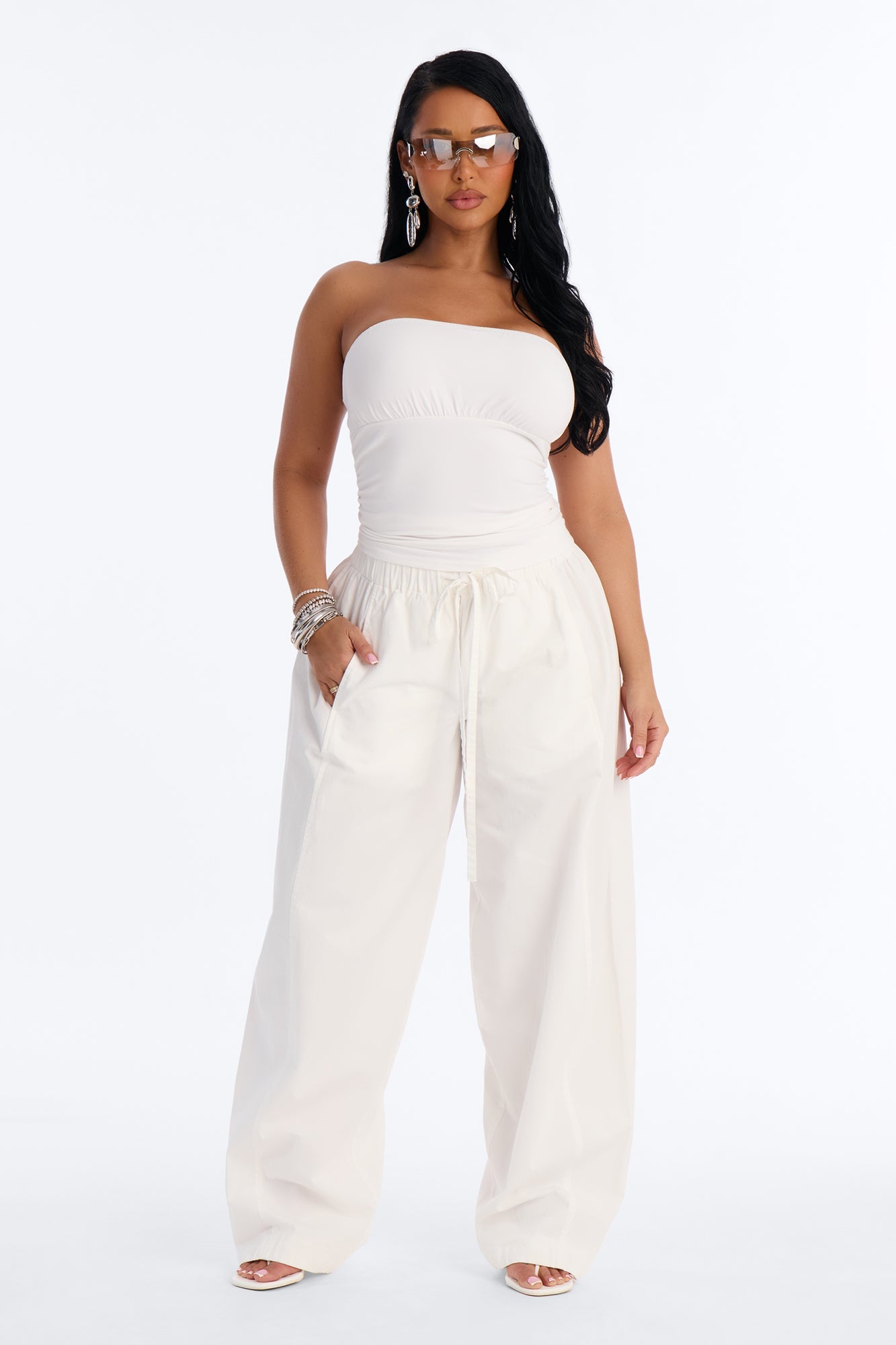 Maggie Low Rise Drawstring Wide Leg Pant 32″ - White Fashion Nova