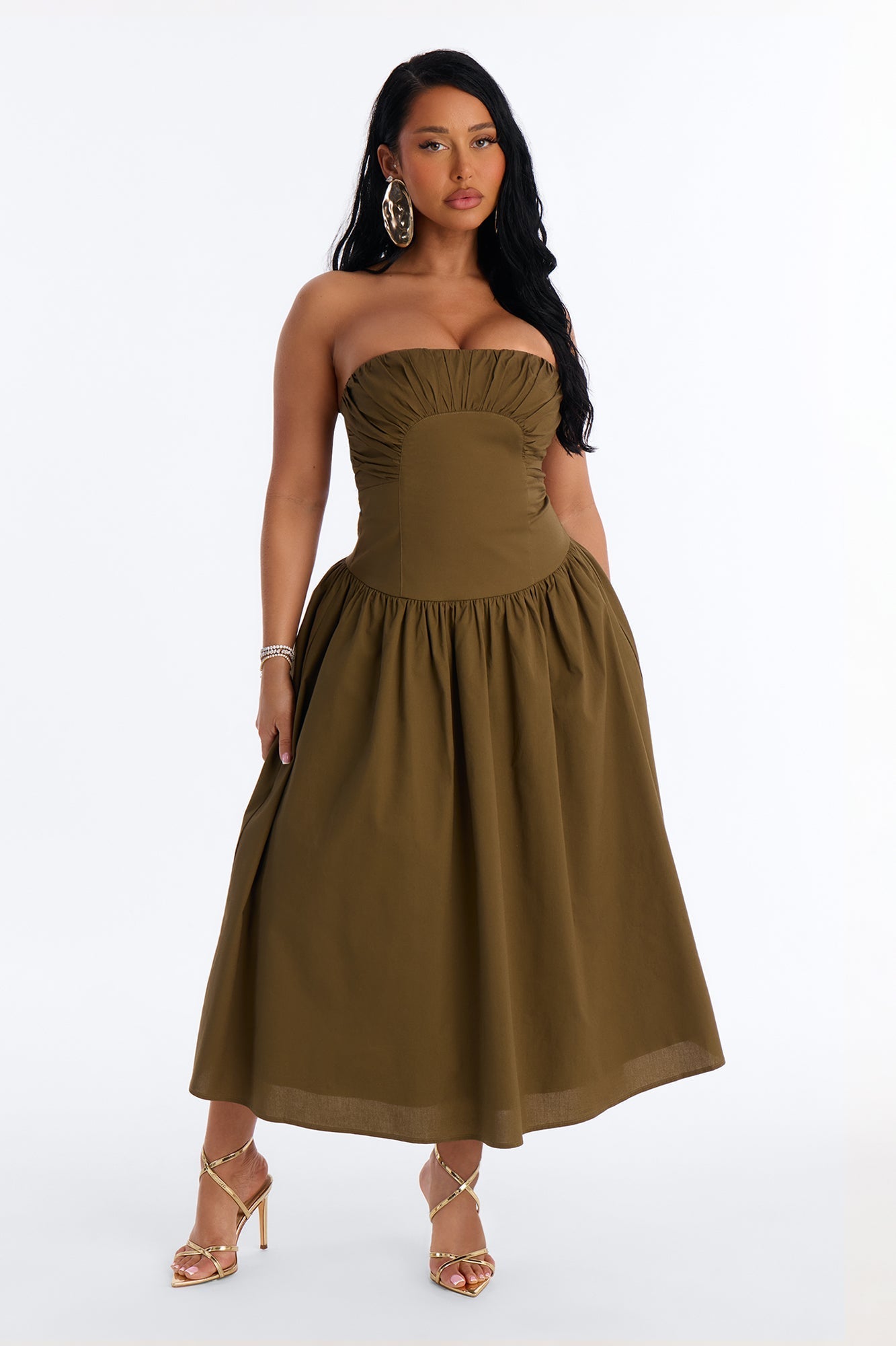 Jana Strapless Pleated Midi Dress - Olive NEWFASHIONEDGE