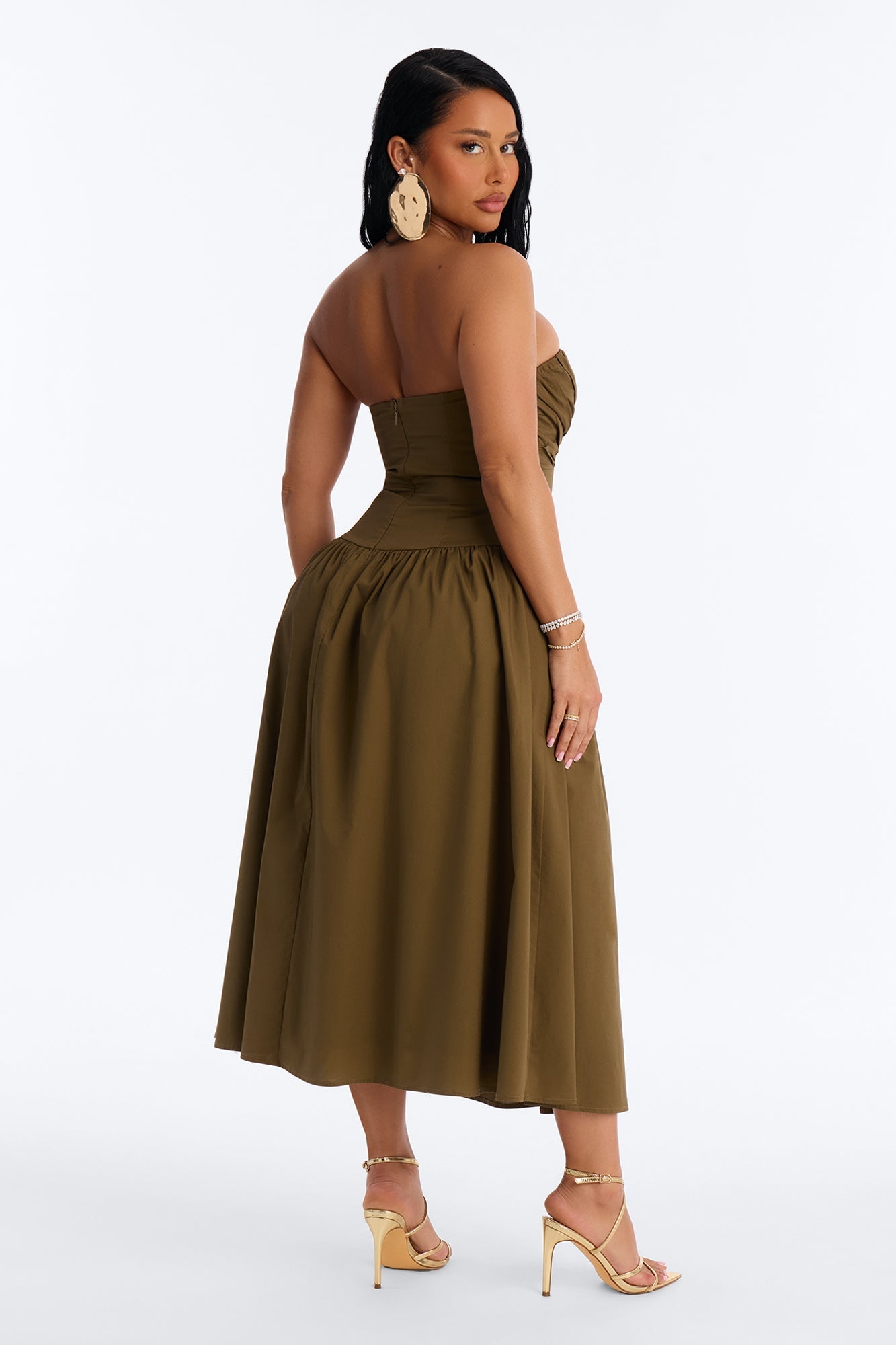 Jana Strapless Pleated Midi Dress - Olive NEWFASHIONEDGE