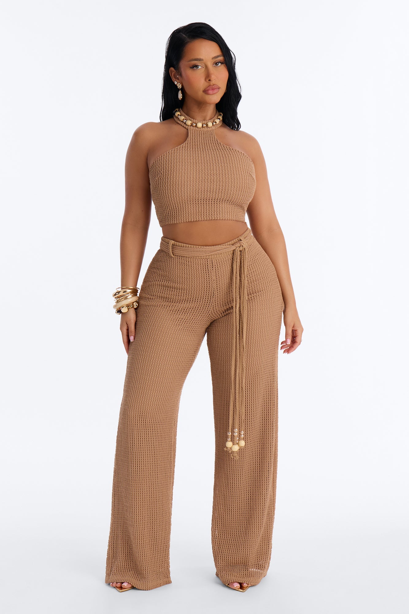 Shoreline Chic Beaded Halter Crochet Pant Set - Camel Fashion Nova